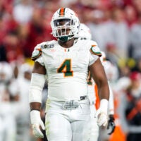 Jan 19, 2026; Miami Gardens, FL, USA; Miami Hurricanes defensive lineman Rueben Bain Jr. (4) against the Indiana Hoosiers during the College Football Playoff National Championship game at Hard Rock Stadium.