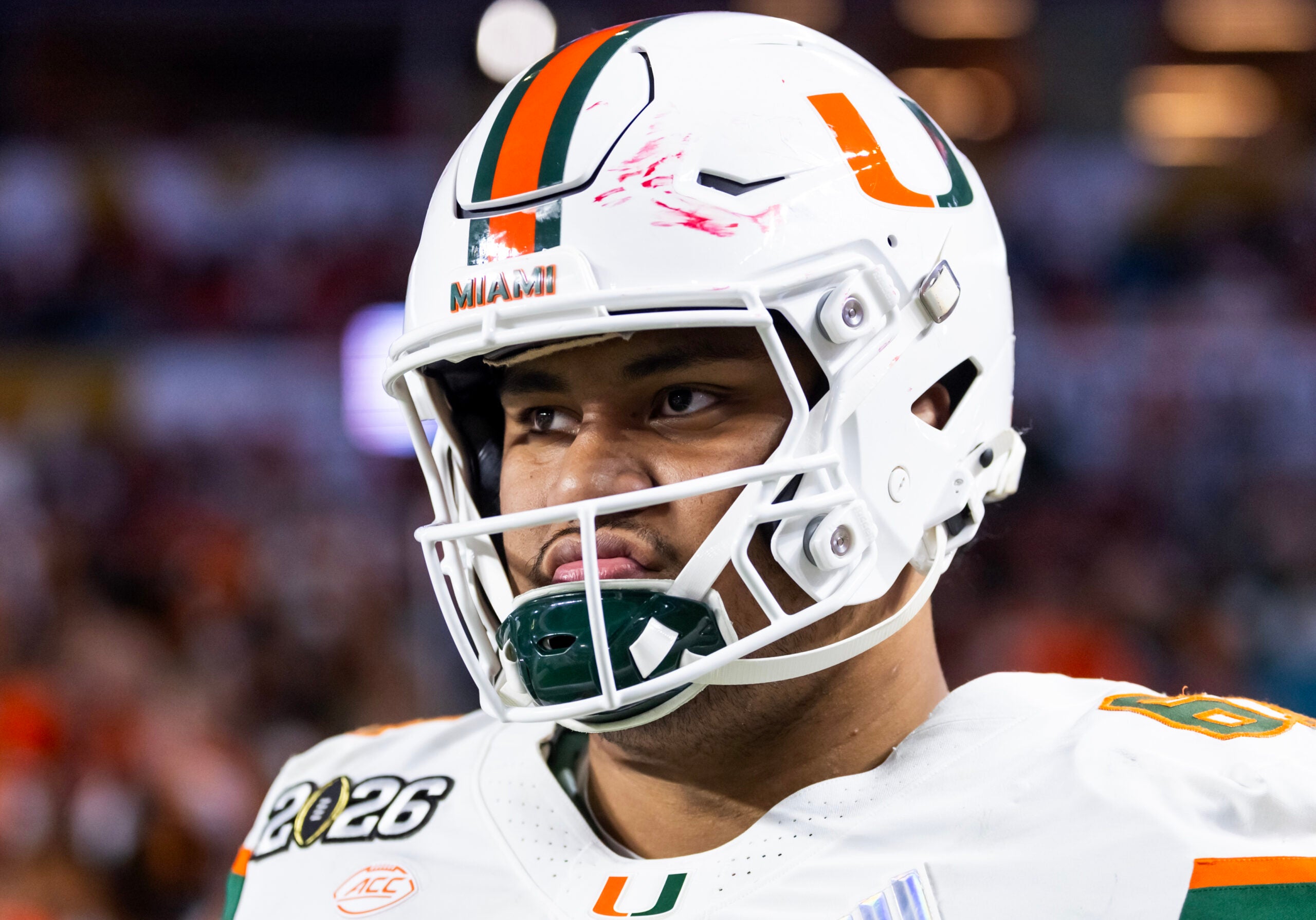 Jan 19, 2026; Miami Gardens, FL, USA; Miami Hurricanes offensive lineman Francis Mauigoa (61) against the Indiana Hoosiers during the College Football Playoff National Championship game at Hard Rock Stadium.