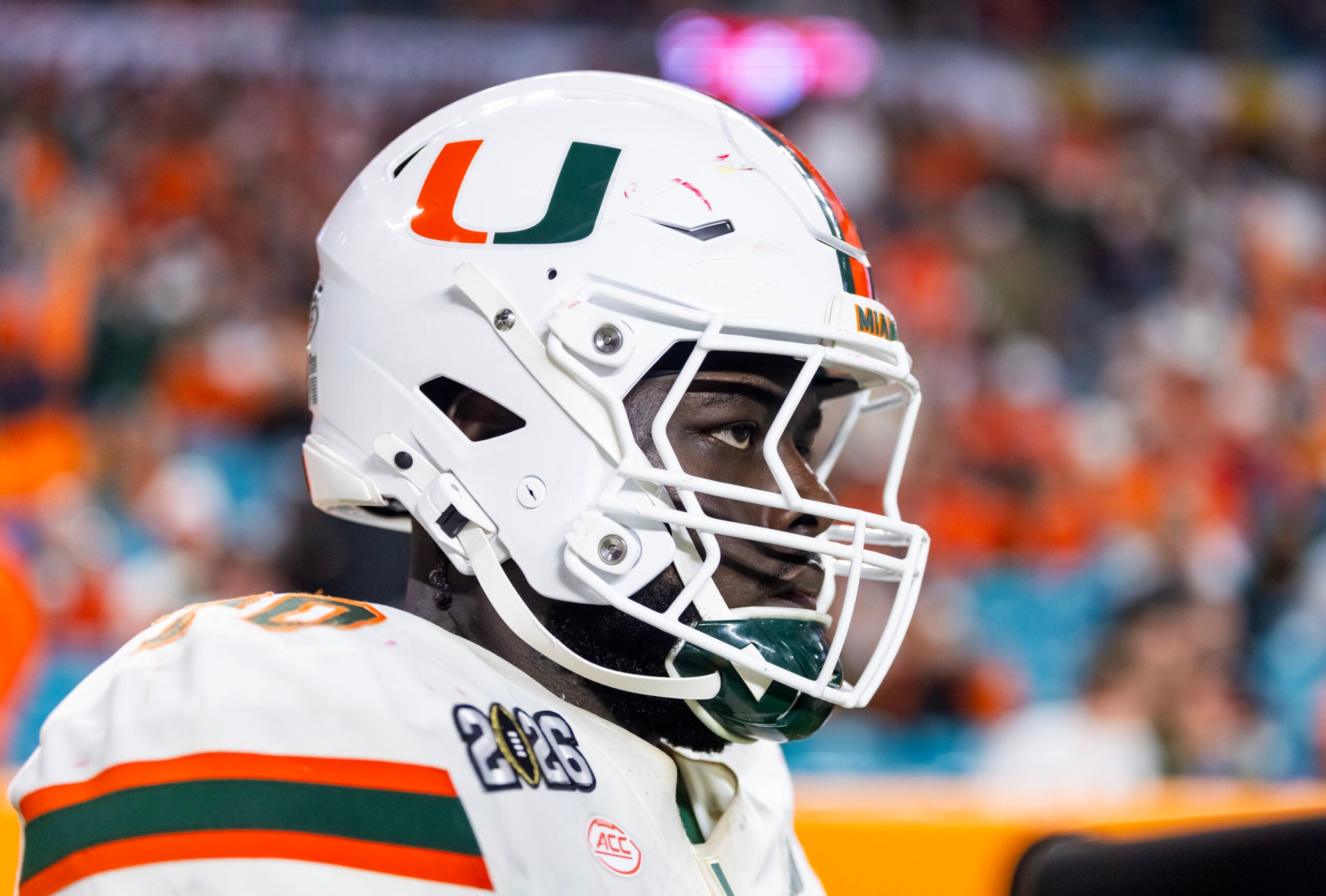 Jan 19, 2026; Miami Gardens, FL, USA; Miami Hurricanes offensive lineman Markel Bell (70) against the Indiana Hoosiers during the College Football Playoff National Championship game at Hard Rock Stadium.