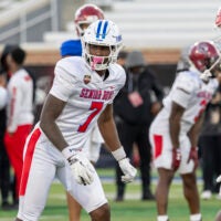 Jan 28, 2026; Mobile, AL, USA; American Team wide receiver Ted Hurst (7) of Georgia State lines up during American Senior Bowl practice at Hancock Whitney Stadium.