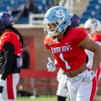 Jan 29, 2026; Mobile, AL, USA; National defensive back Thaddeus Dixon (1) of North Carolina practices during National Senior Bowl practice at Hancock Whitney Stadium.
