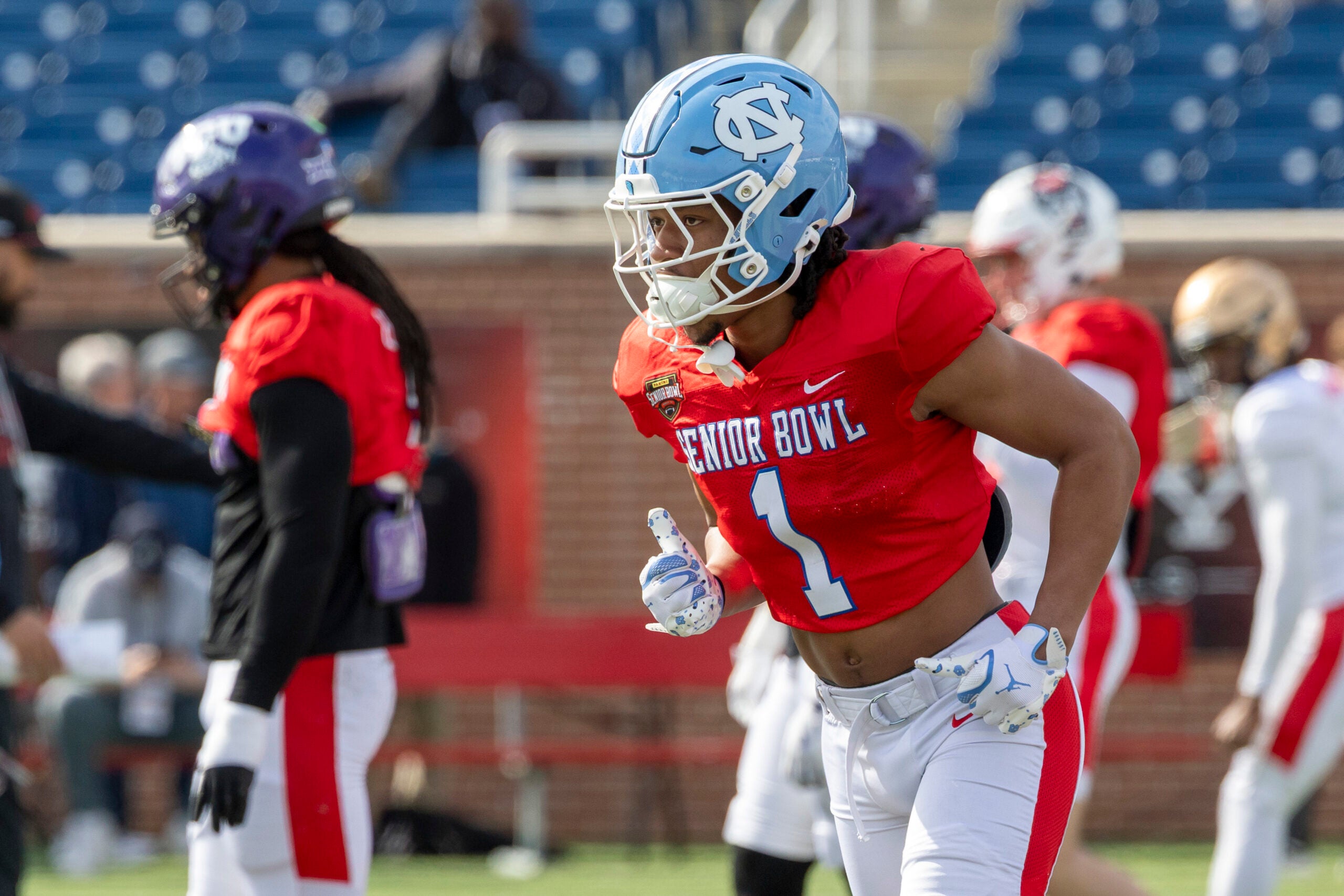 Jan 29, 2026; Mobile, AL, USA; National defensive back Thaddeus Dixon (1) of North Carolina practices during National Senior Bowl practice at Hancock Whitney Stadium.