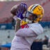 Jan 29, 2026; Mobile, AL, USA; American wide receiver Barion Brown (6) of LSU grabs a touchdown pass during American Senior Bowl practice at Hancock Whitney Stadium.