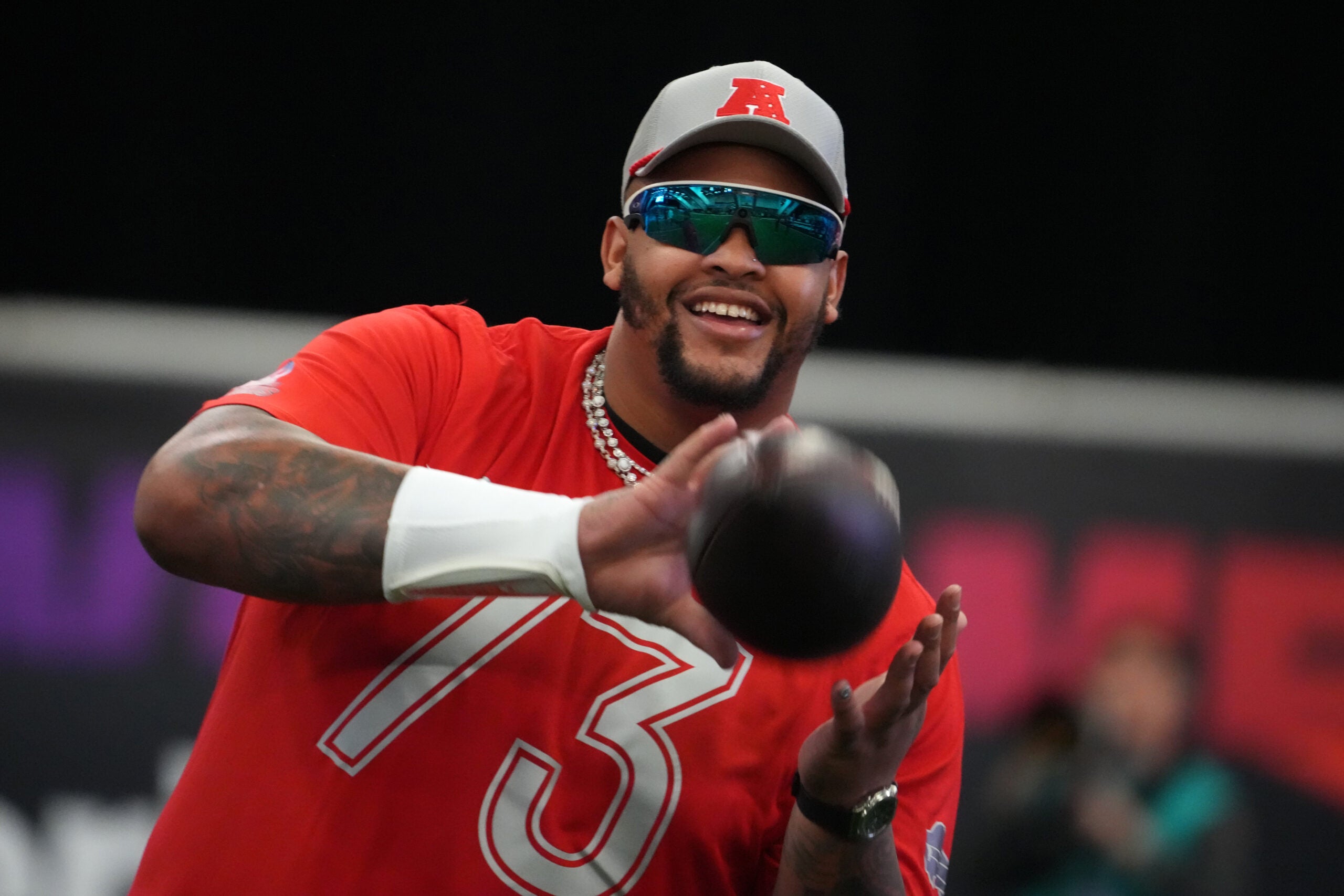 Feb 1, 2026; San Francisco, CA, USA; Buffalo Bills tackle Dion Dawkins (73) during AFC practice at the Flag Fieldhouse Moscone Center South Building.