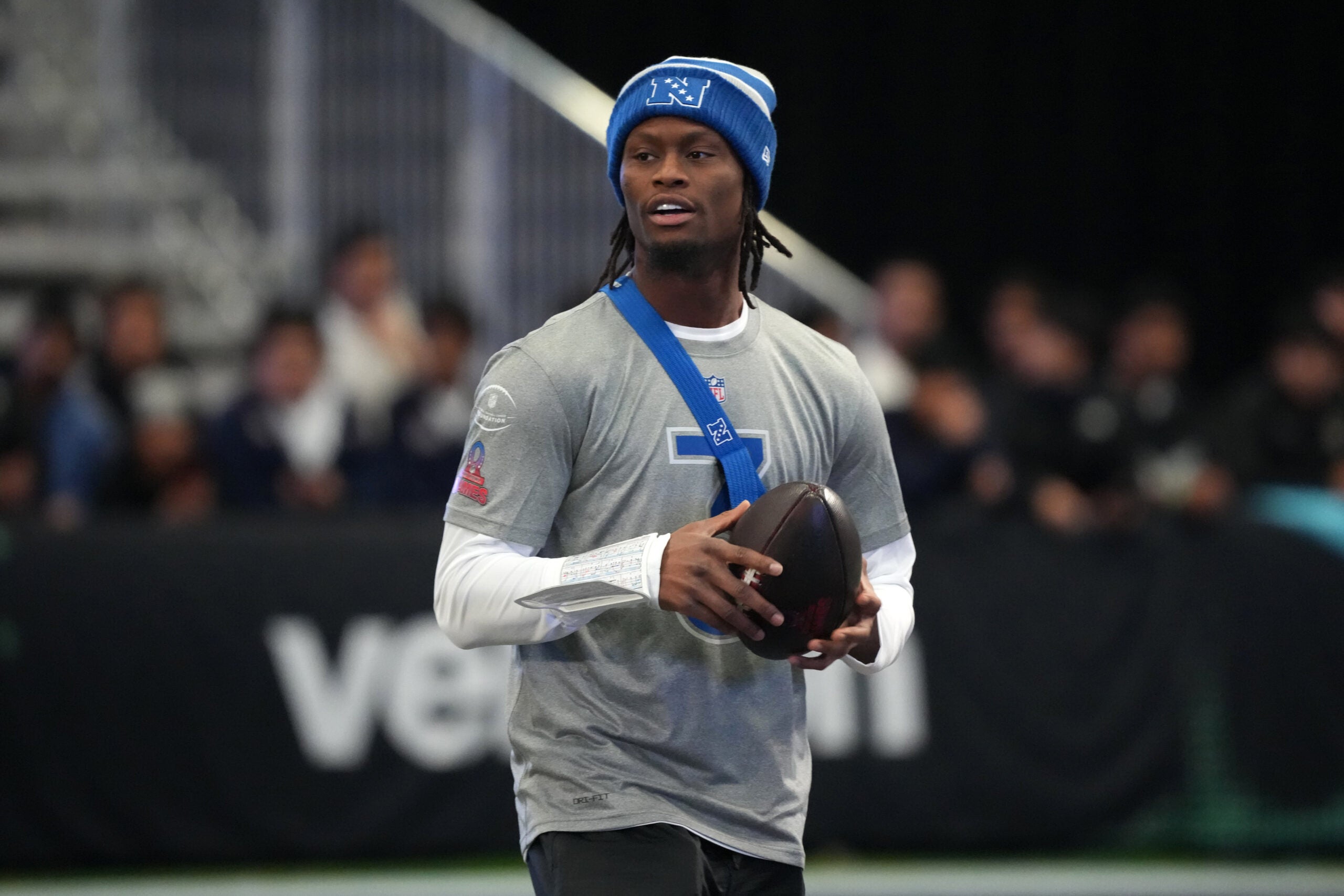 Feb 2, 2026; San Francisco, CA, USA; Dallas Cowboys receiver George Pickens during NFC practice at the NFL Flag Fieldhouse at Moscone Center South Building.