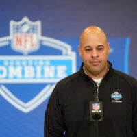 Feb 24, 2026; Indianapolis, IN, USA; Pittsburgh Steelers general manager Omar Khan speaks at the NFL Scouting Combine at the Indiana Convention Center.