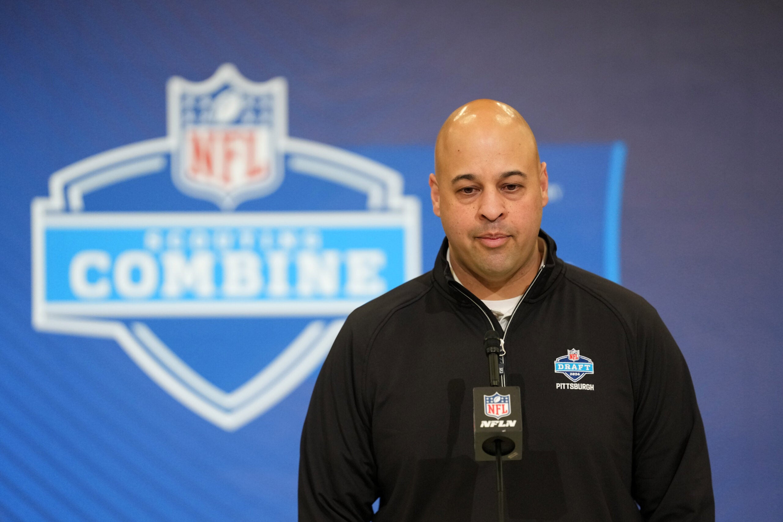 Feb 24, 2026; Indianapolis, IN, USA; Pittsburgh Steelers general manager Omar Khan speaks at the NFL Scouting Combine at the Indiana Convention Center.