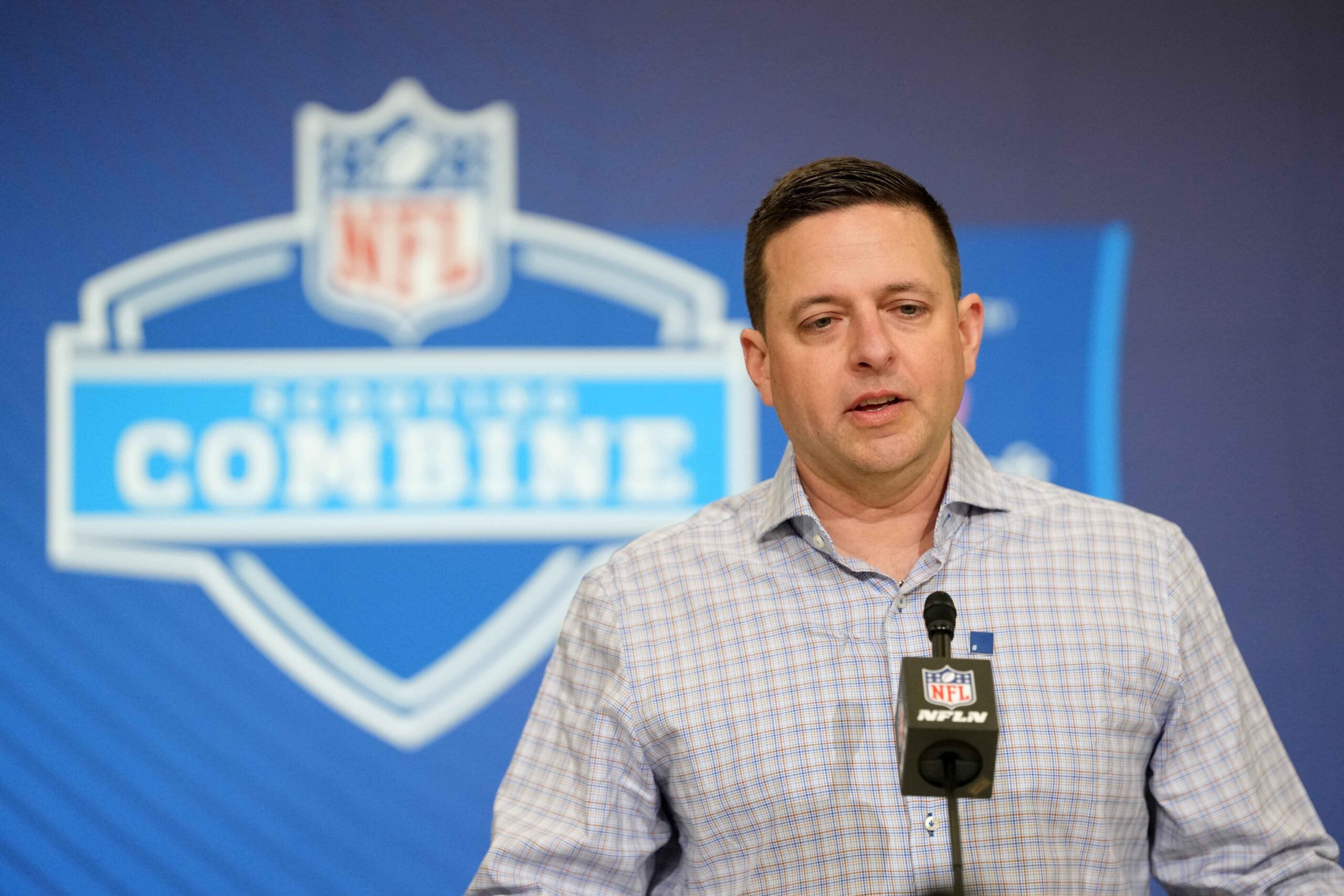 Feb 24, 2026; Indianapolis, IN, USA; New England Patriots general manager Eliot Wolf speaks at the NFL Scouting Combine at the Indiana Convention Center.