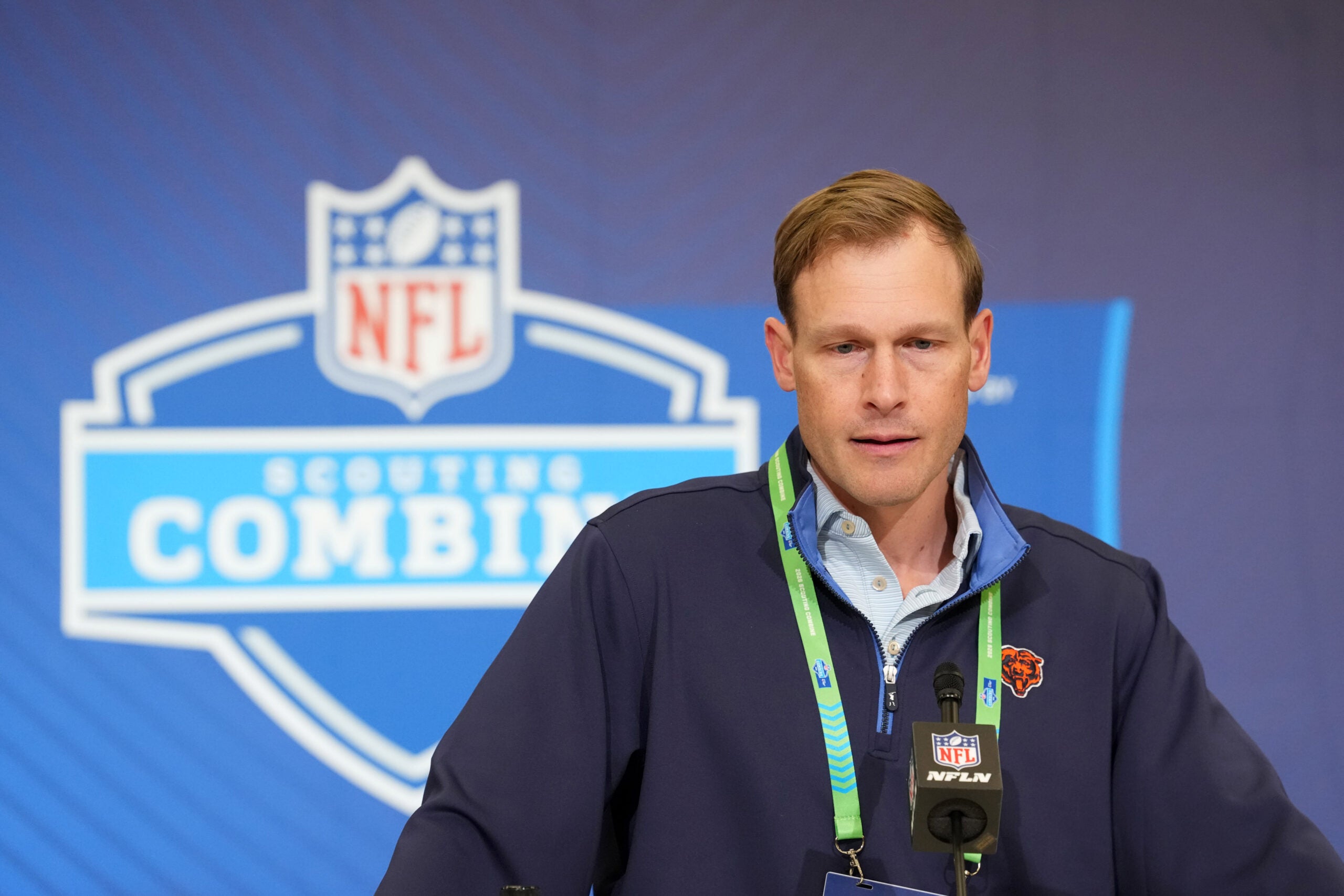 Feb 24, 2026; Indianapolis, IN, USA; Chicago Bears coach Ben Johnson speaks at the NFL Scouting Combine at the Indiana Convention Center.