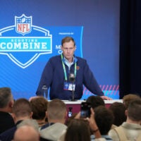 Feb 24, 2026; Indianapolis, IN, USA; Chicago Bears coach Ben Johnson speaks at the NFL Scouting Combine at the Indiana Convention Center.