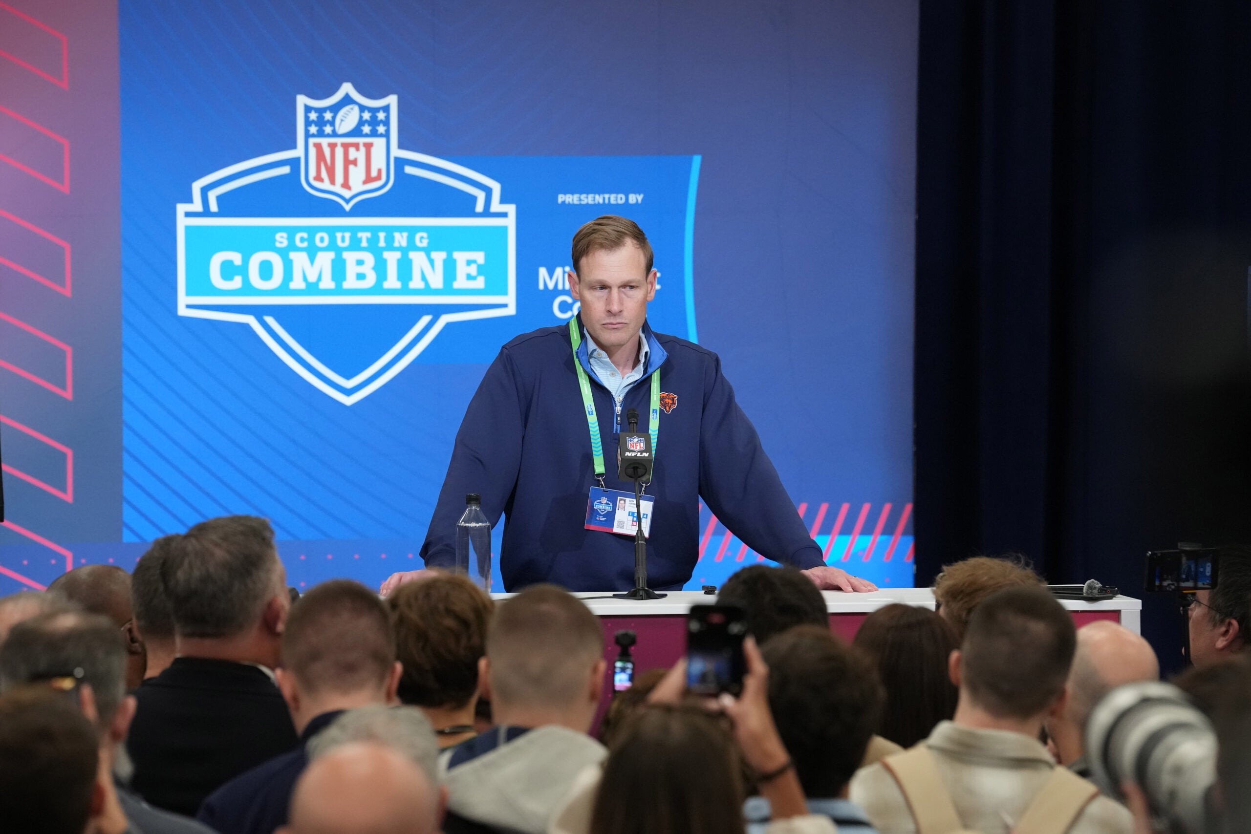 Feb 24, 2026; Indianapolis, IN, USA; Chicago Bears coach Ben Johnson speaks at the NFL Scouting Combine at the Indiana Convention Center.