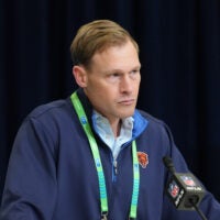 Feb 24, 2026; Indianapolis, IN, USA; Chicago Bears coach Ben Johnson speaks at the NFL Scouting Combine at the Indiana Convention Center.