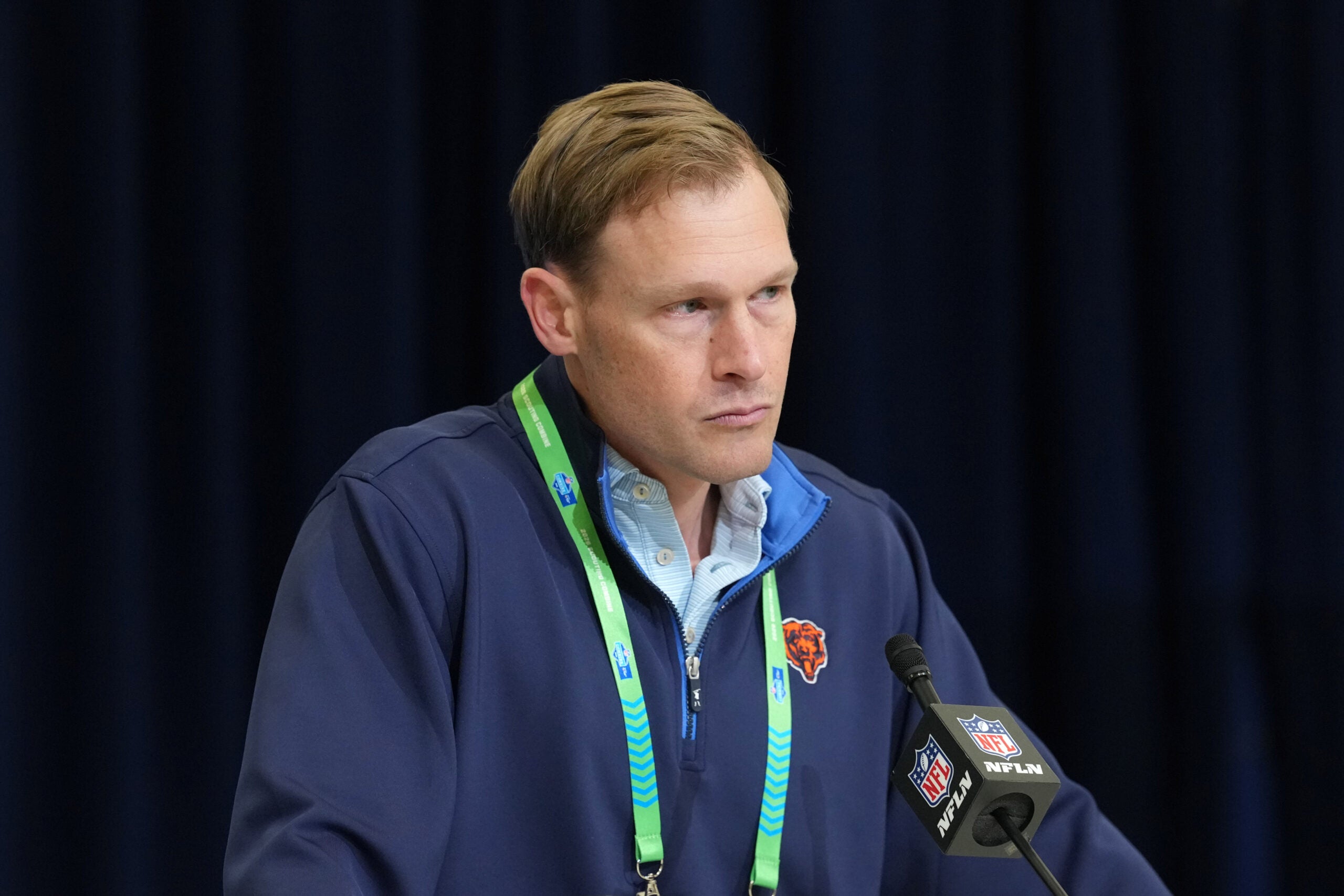 Feb 24, 2026; Indianapolis, IN, USA; Chicago Bears coach Ben Johnson speaks at the NFL Scouting Combine at the Indiana Convention Center.