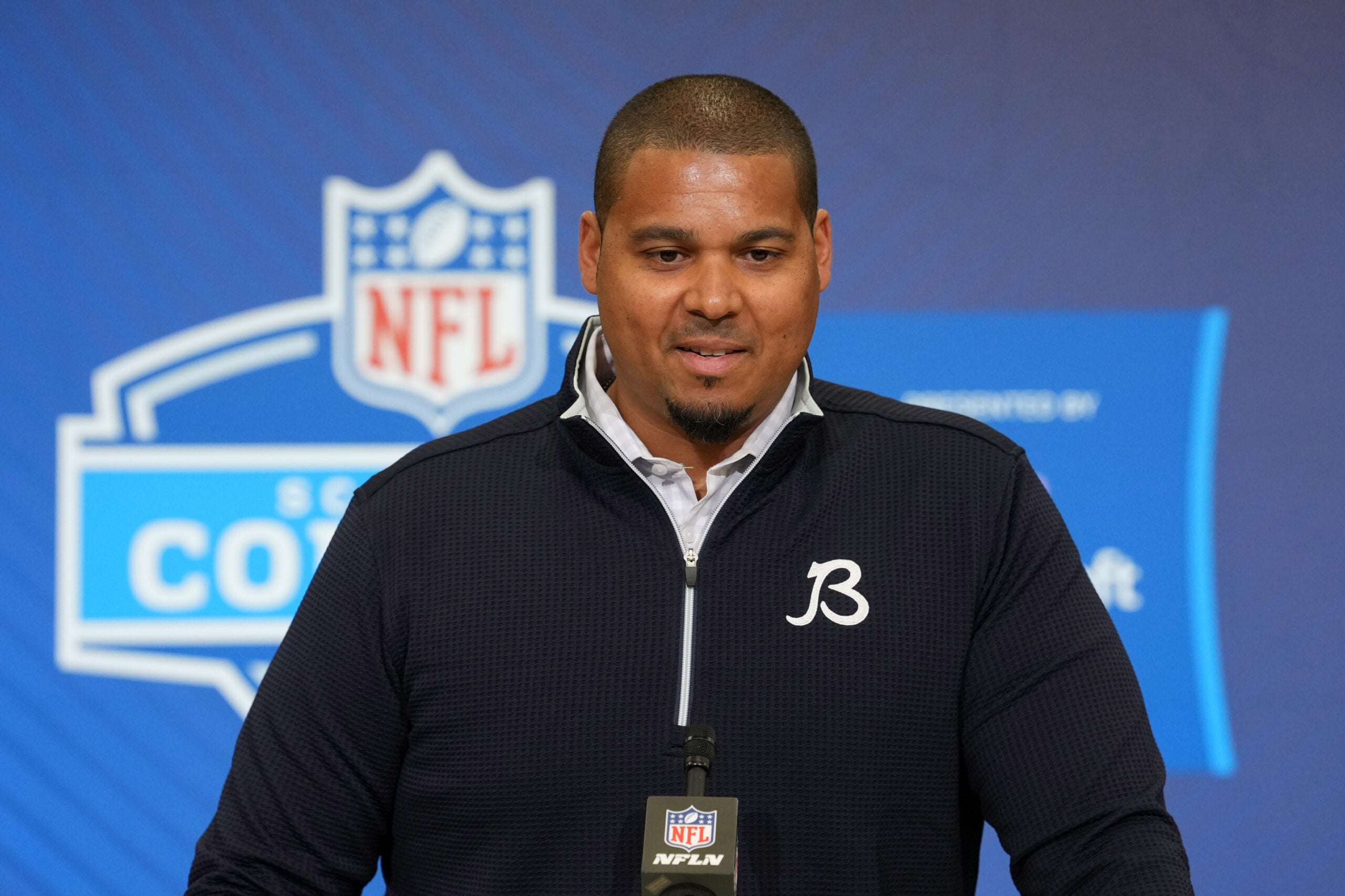 Feb 24, 2026; Indianapolis, IN, USA; Chicago Bears general manager Ryan Poles speaks at the NFL Scouting Combine at the Indiana Convention Center.