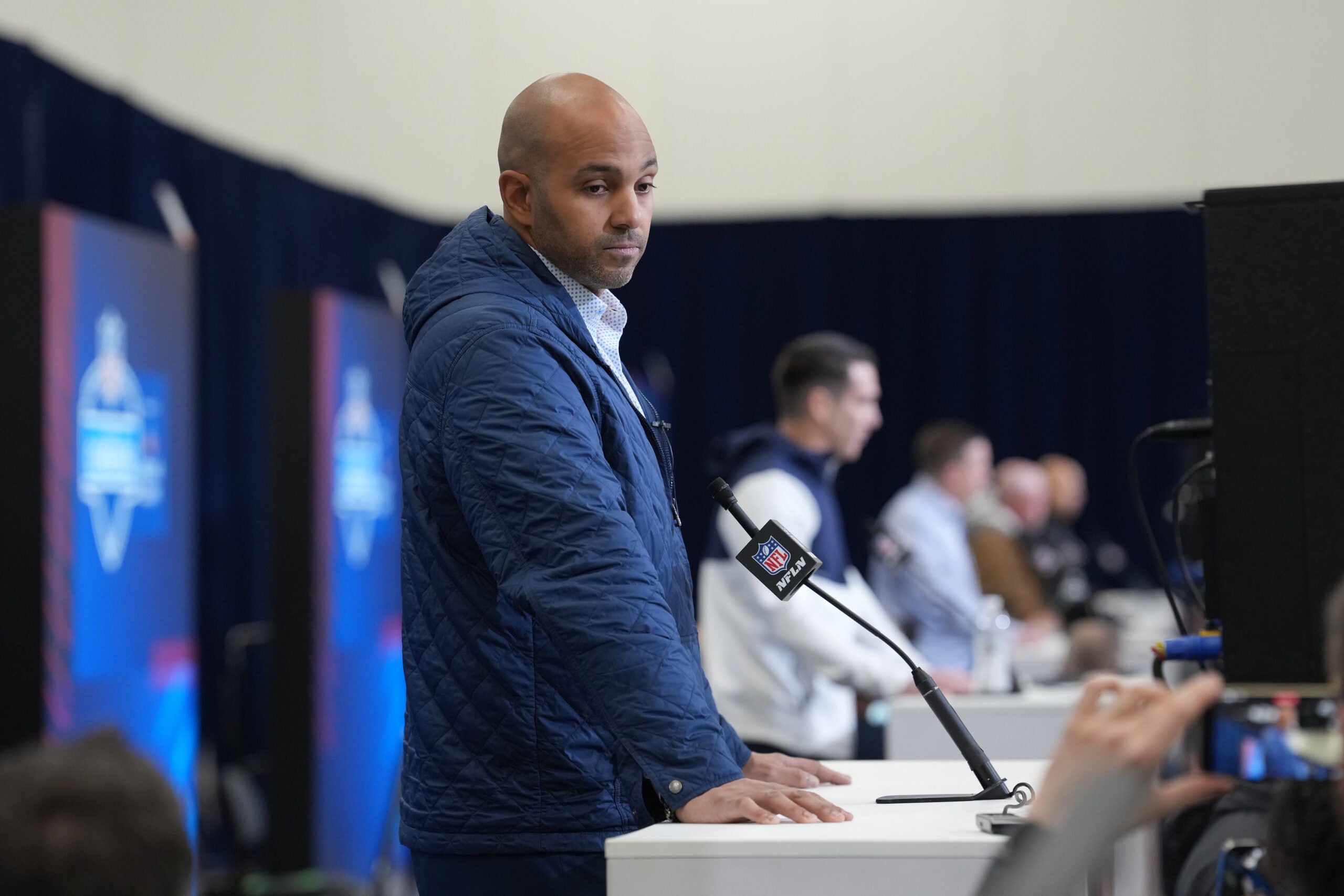 Feb 24, 2026; Indianapolis, IN, USA; Atlanta Falcons general manager Ian Cunningham speaks at the NFL Scouting Combine at the Indiana Convention Center.