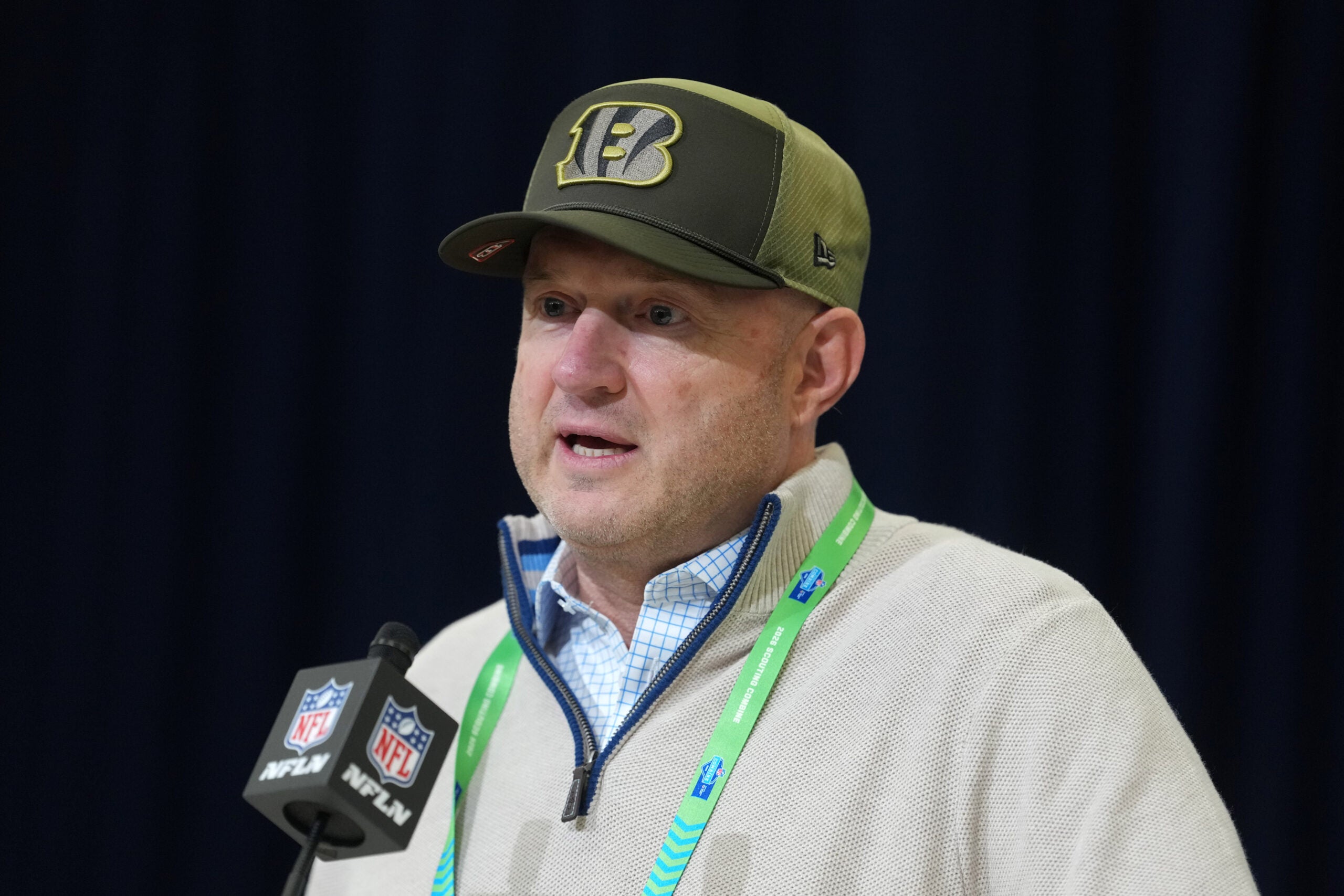 Feb 24, 2026; Indianapolis, IN, USA; Cincinnati Bengals general manager Duke Tobin speaks at the NFL Scouting Combine at the Indiana Convention Center.