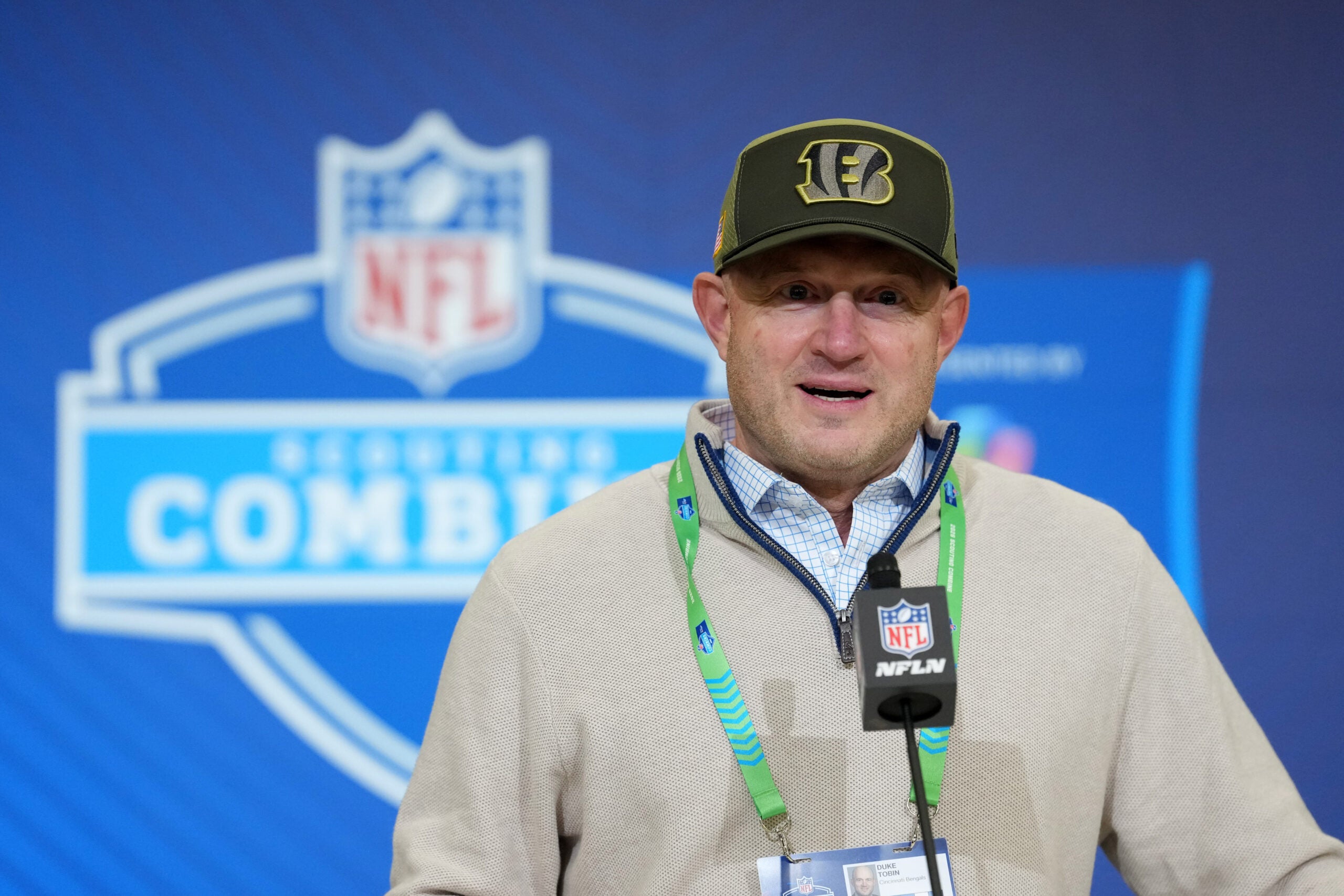 Feb 24, 2026; Indianapolis, IN, USA; Cincinnati Bengals general manager Duke Tobin speaks at the NFL Scouting Combine at the Indiana Convention Center.