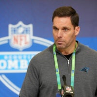 Feb 24, 2026; Indianapolis, IN, USA; Carolina Panthers general manager Dan Morgan speaks at the NFL Scouting Combine at the Indiana Convention Center.