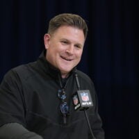 Feb 24, 2026; Indianapolis, IN, USA; Green Bay Packers general manager Brian Gutekunst speaks at the NFL Scouting Combine at the Indiana Convention Center.