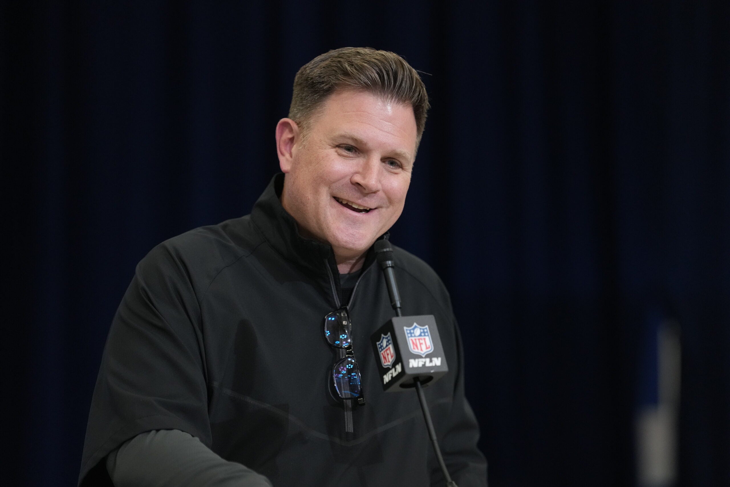 Feb 24, 2026; Indianapolis, IN, USA; Green Bay Packers general manager Brian Gutekunst speaks at the NFL Scouting Combine at the Indiana Convention Center.