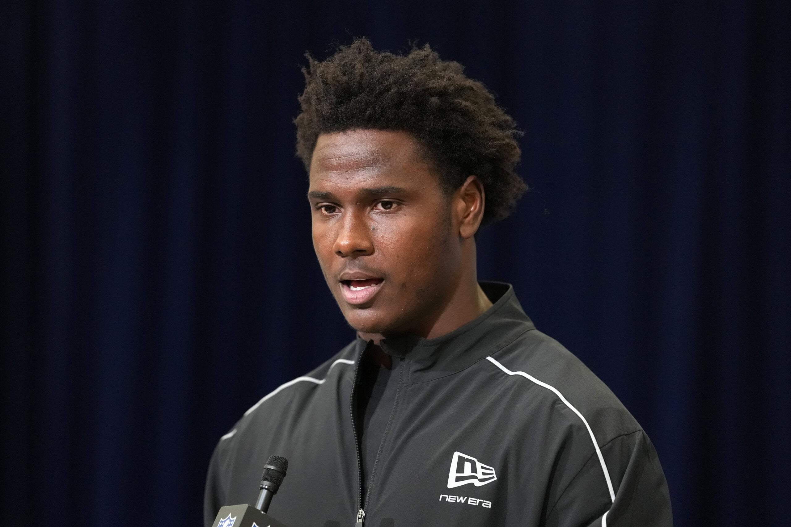 Feb 25, 2026; Indianapolis, IN, USA; Missouri defensive lineman Zion Young (DL63) speaks during the NFL Scouting Combine at the Indiana Convention Center.