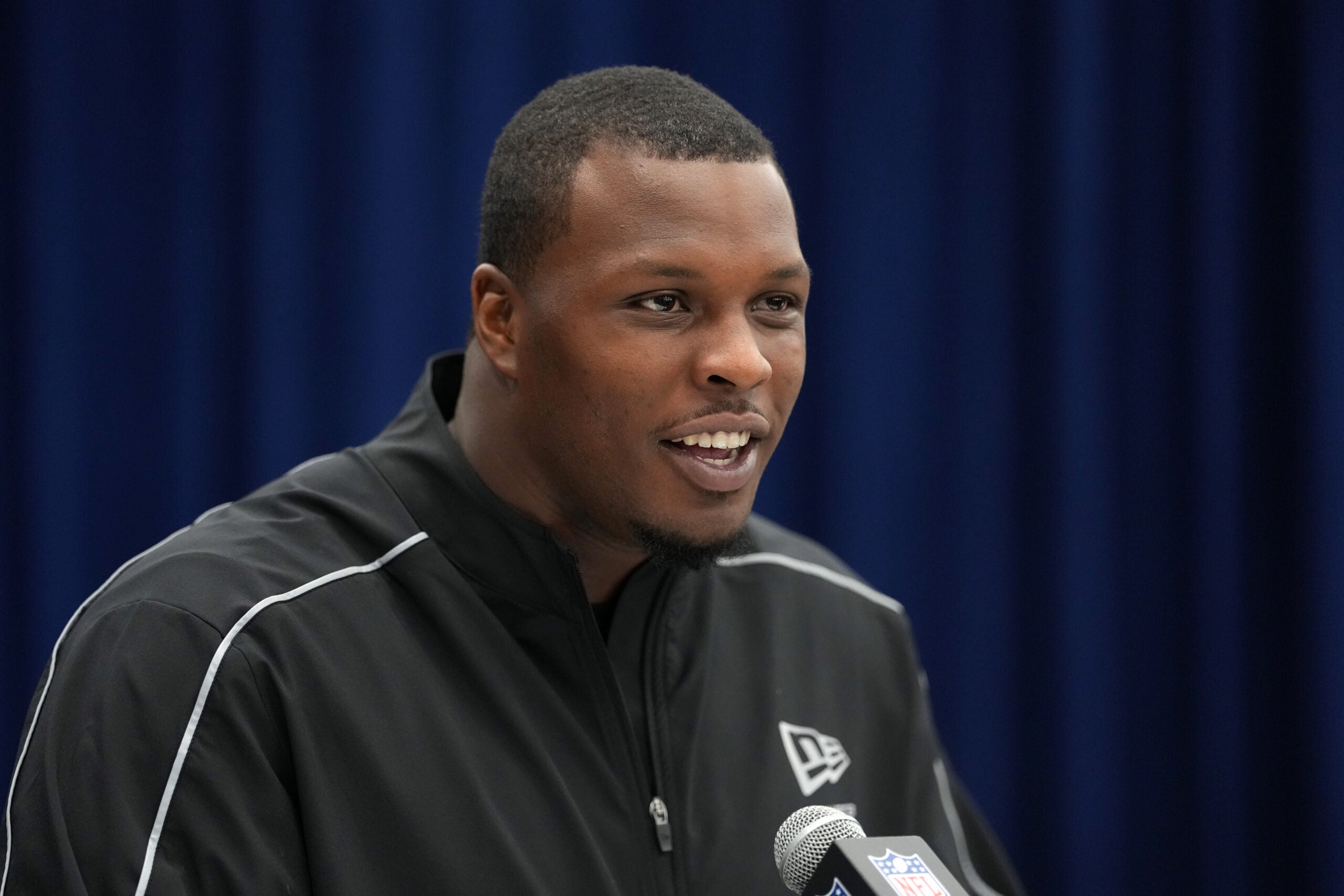 Feb 25, 2026; Indianapolis, IN, USA; Florida defensive lineman Tyreak Sapp (DL59) speaks during the NFL Scouting Combine at the Indiana Convention Center.
