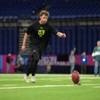 Feb 25, 2026; Indianapolis, IN, USA; Florida place kicker Trey Smack (PK03) kicks the ball during the NFL Scouting Combine at Lucas Oil Stadium.