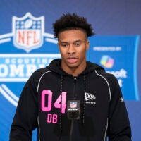 Feb 26, 2026; Indianapolis, IN, USA; South Carolina defensive back Brandon Cisse (DB04) speaks to members of the media during the NFL Combine at the Indiana Convention Center.