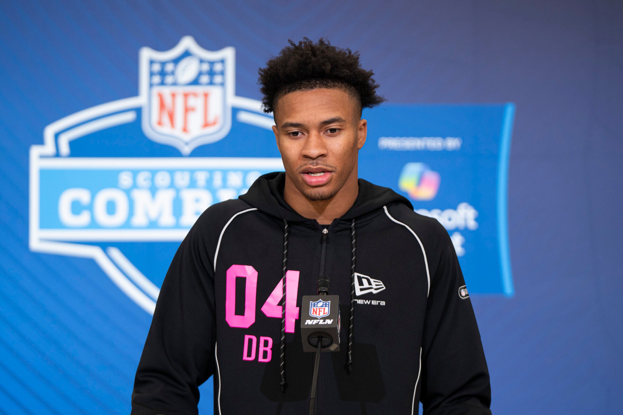 Feb 26, 2026; Indianapolis, IN, USA; South Carolina defensive back Brandon Cisse (DB04) speaks to members of the media during the NFL Combine at the Indiana Convention Center.
