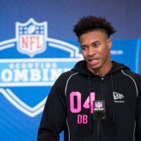 Feb 26, 2026; Indianapolis, IN, USA; South Carolina defensive back Brandon Cisse (DB04) speaks to members of the media during the NFL Combine at the Indiana Convention Center.