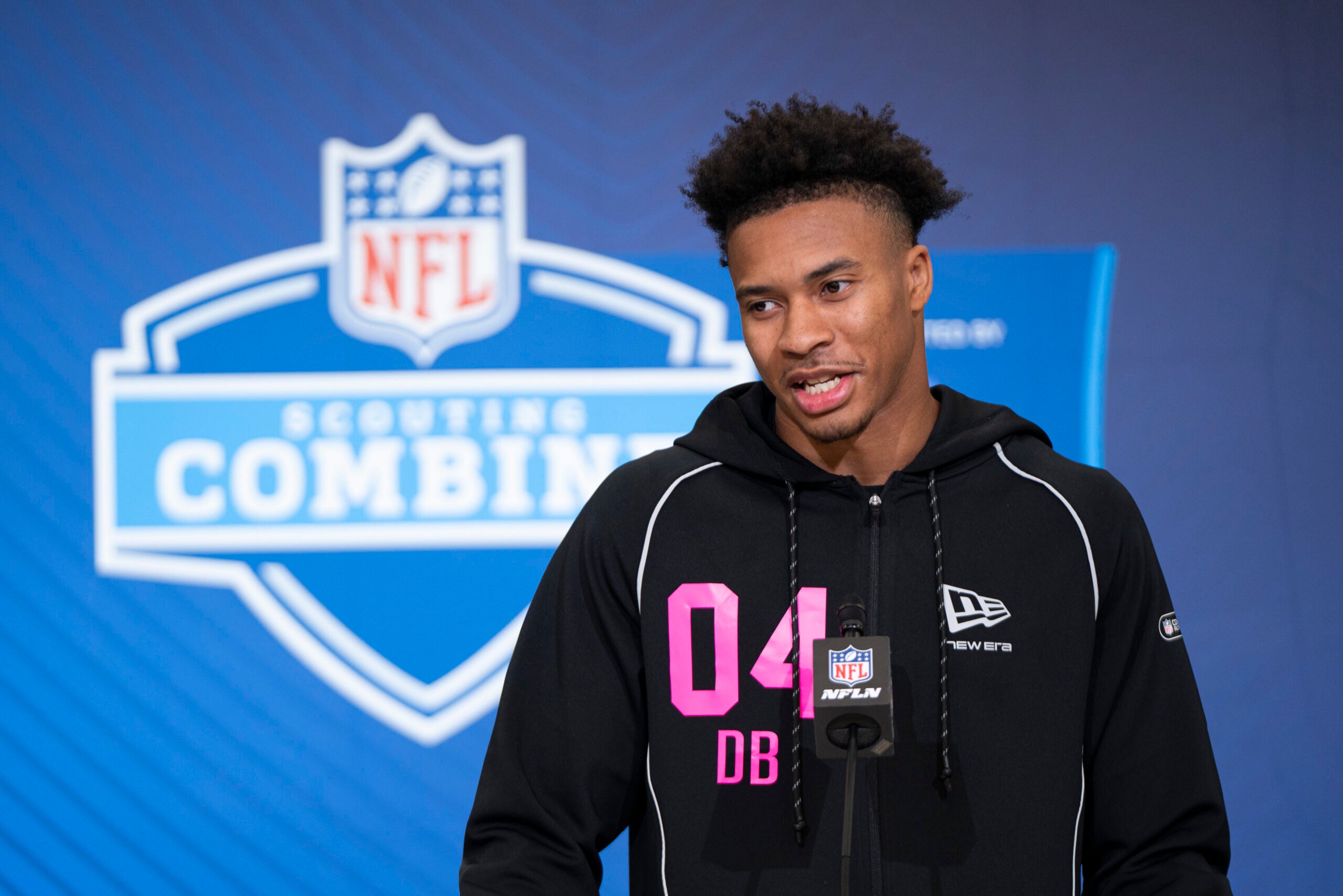Feb 26, 2026; Indianapolis, IN, USA; South Carolina defensive back Brandon Cisse (DB04) speaks to members of the media during the NFL Combine at the Indiana Convention Center.