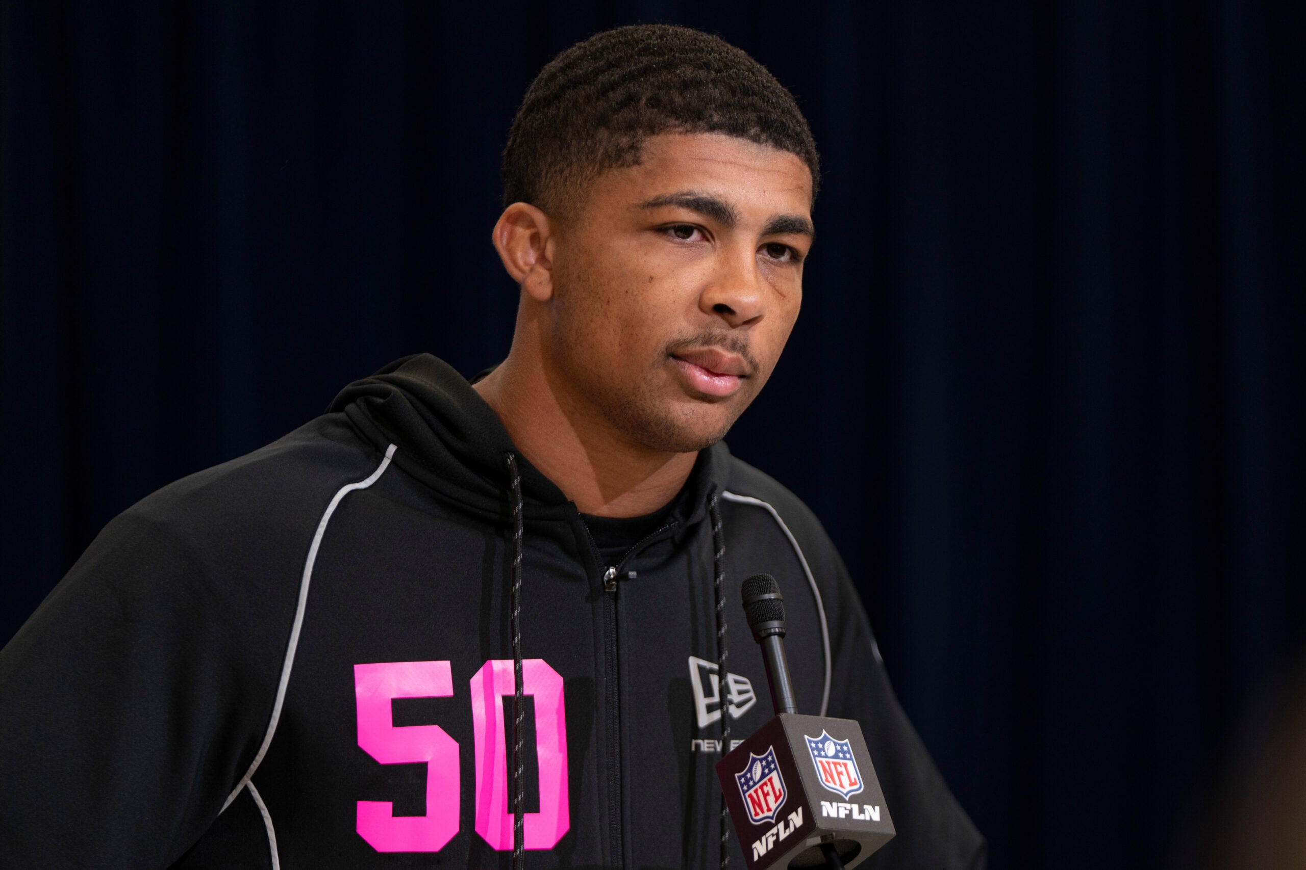 Feb 26, 2026; Indianapolis, IN, USA; Ohio State defensive back Lorenzo Styles (DB50) speaks to members of the media during the NFL Combine at the Indiana Convention Center.