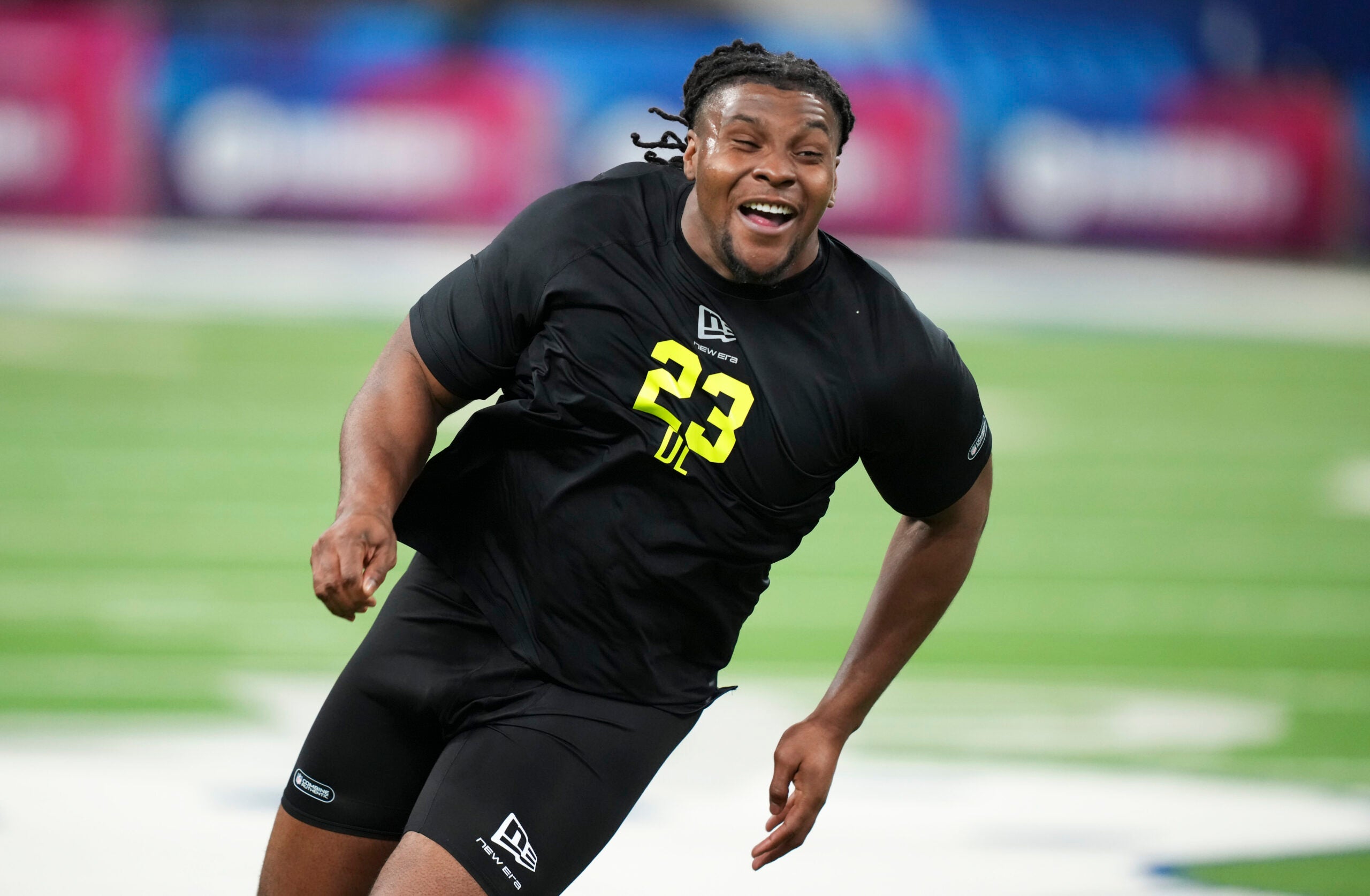 Feb 26, 2026; Indianapolis, IN, USA; Texas A&M defensive lineman Tyler Onyedim (DL23) during the NFL Scouting Combine at Lucas Oil Stadium.