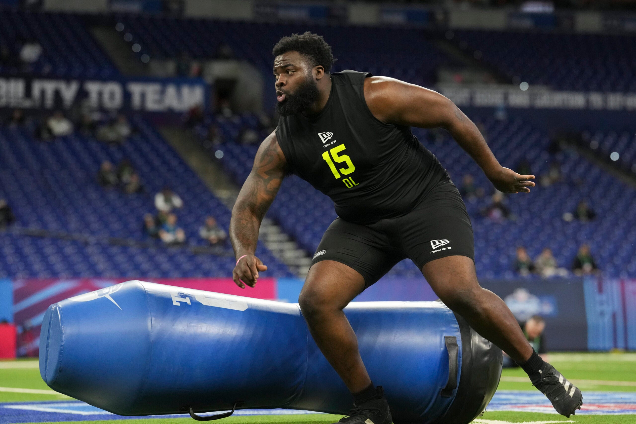 Feb 26, 2026; Indianapolis, IN, USA; Texas Tech defensive lineman Lee Hunter (DL15) during the NFL Scouting Combine at Lucas Oil Stadium.