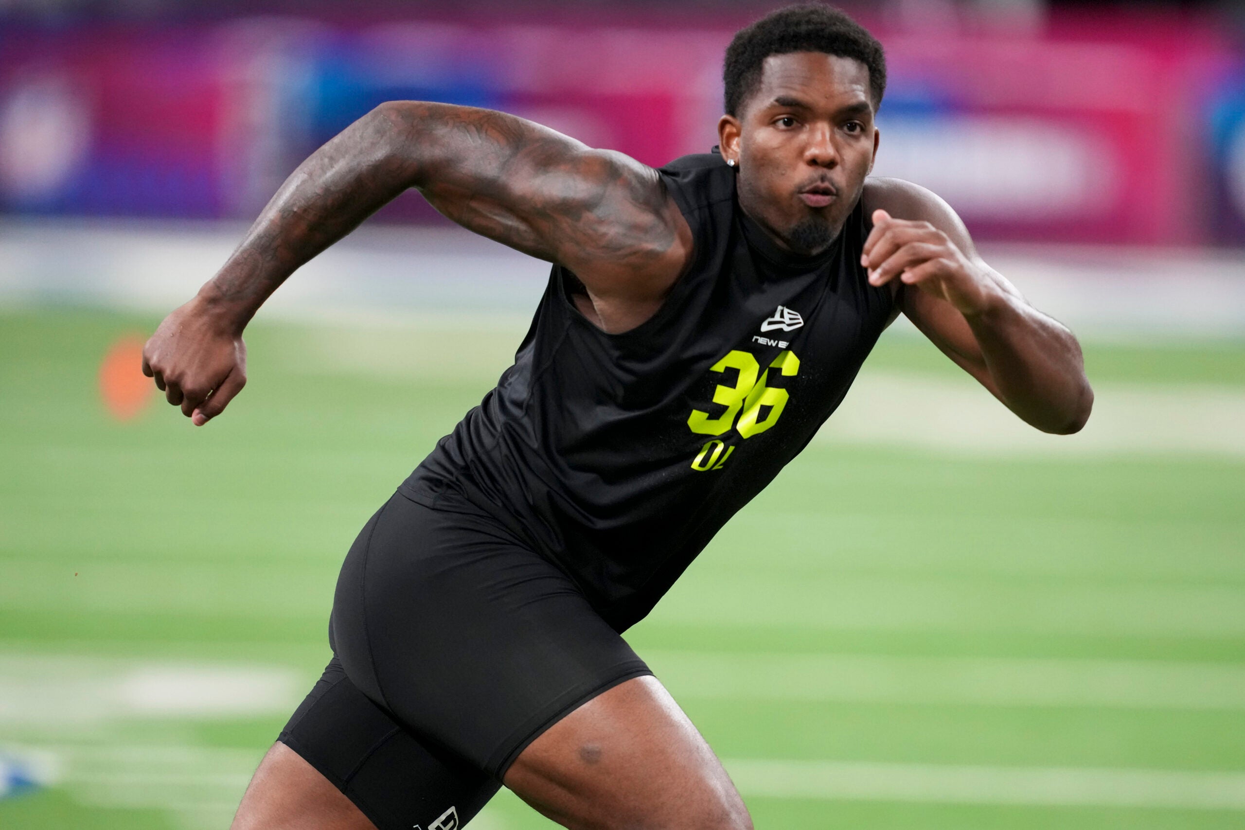 Feb 26, 2026; Indianapolis, IN, USA; Penn State defensive lineman Dani Dennis-Sutton (DL36) during the NFL Scouting Combine at Lucas Oil Stadium.