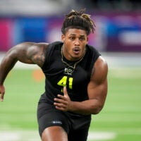 Feb 26, 2026; Indianapolis, IN, USA; Texas A&M defensive lineman Cashius Howell (DL41) during the NFL Scouting Combine at Lucas Oil Stadium.