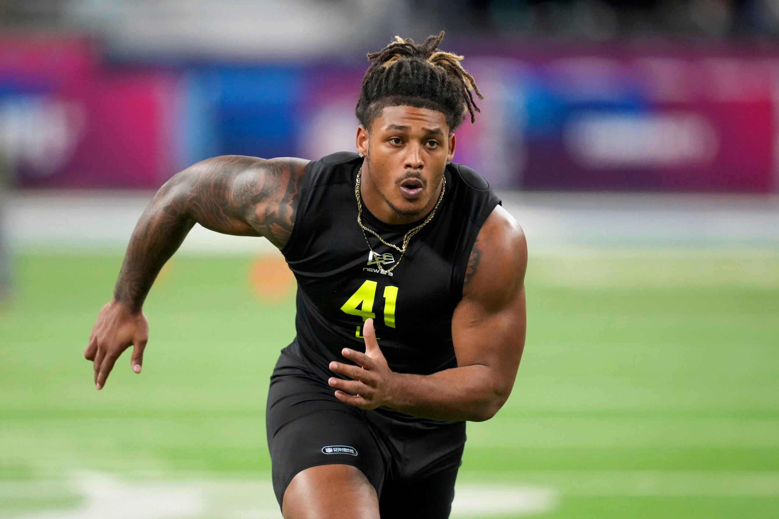 Feb 26, 2026; Indianapolis, IN, USA; Texas A&M defensive lineman Cashius Howell (DL41) during the NFL Scouting Combine at Lucas Oil Stadium.