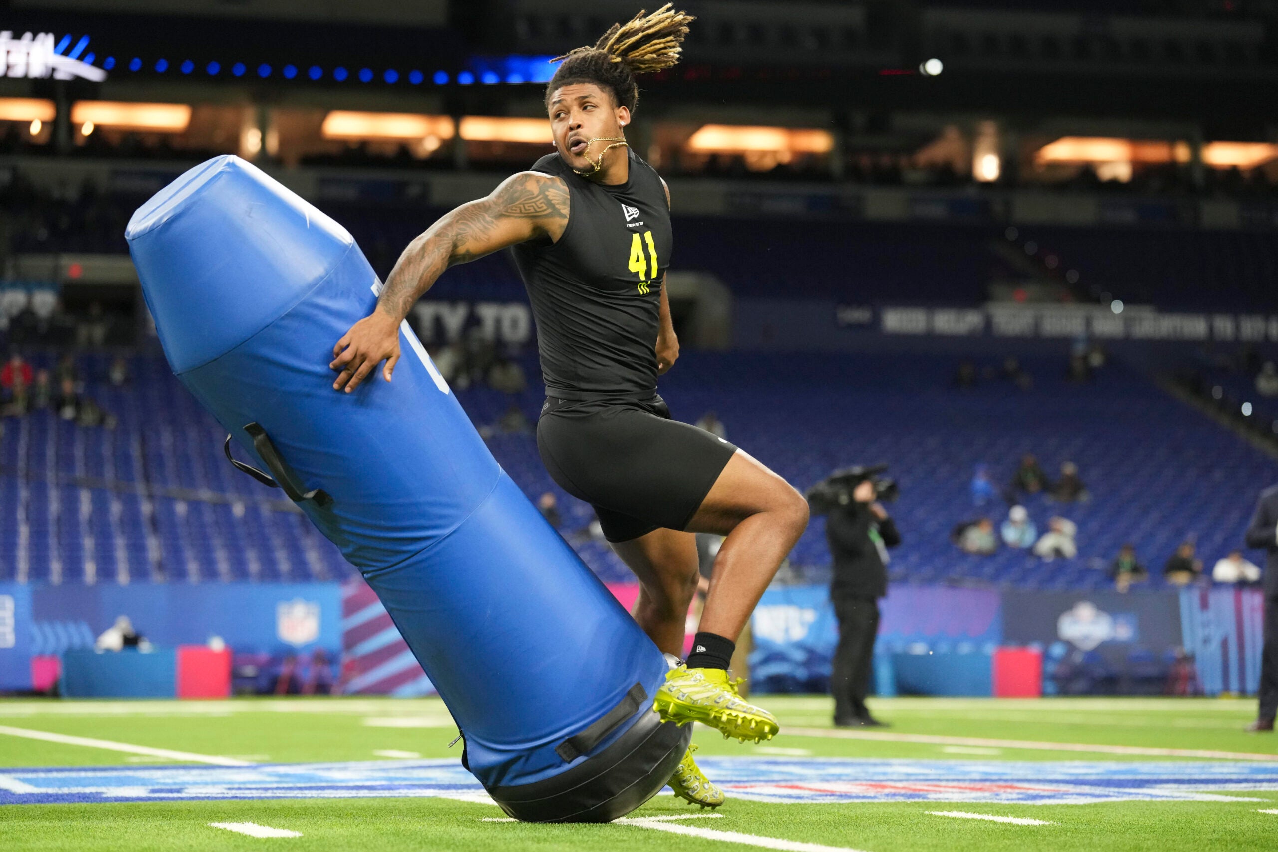 Feb 26, 2026; Indianapolis, IN, USA; Texas A&M defensive lineman Cashius Howell (DL41) during the NFL Scouting Combine at Lucas Oil Stadium.