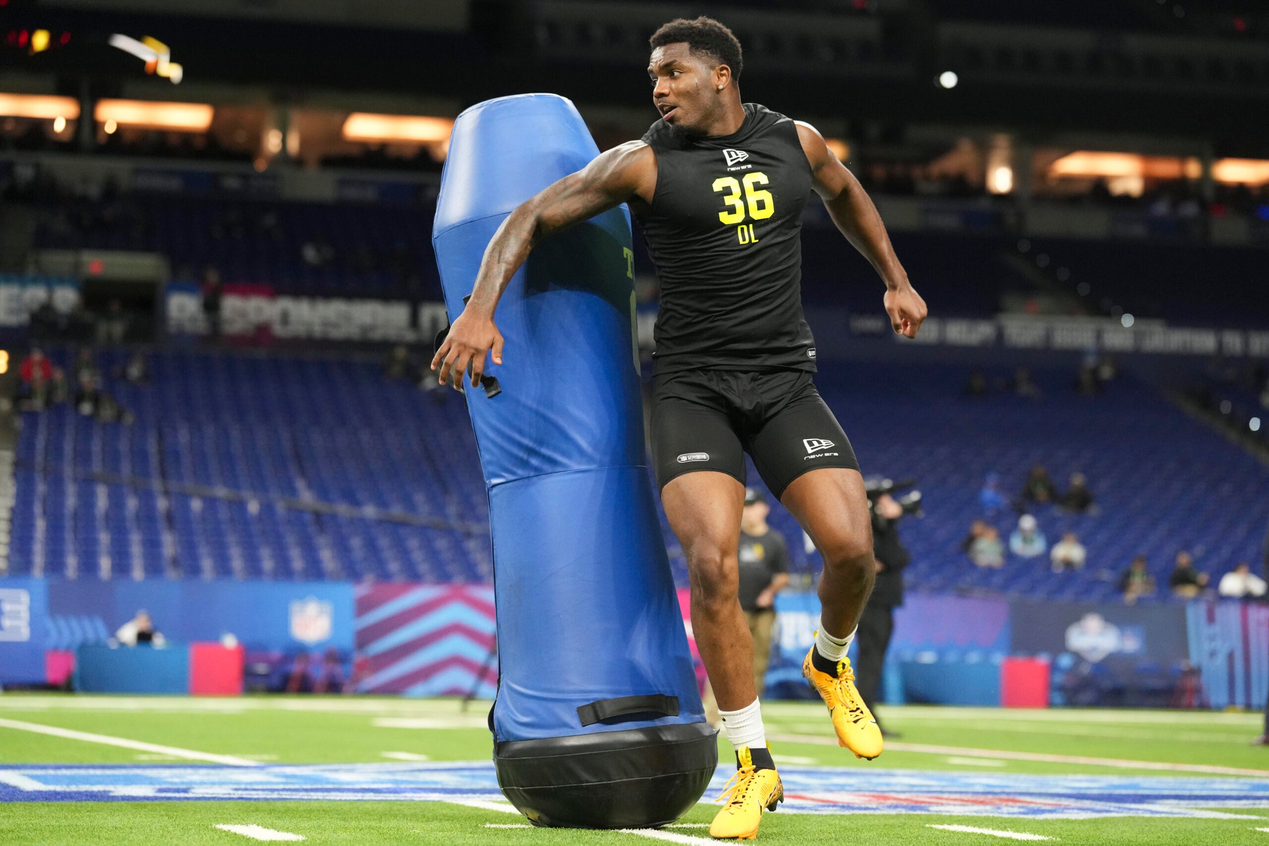 Feb 26, 2026; Indianapolis, IN, USA; Penn State defensive lineman Dani Dennis-Sutton (DL36) during the NFL Scouting Combine at Lucas Oil Stadium.