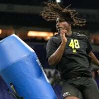 Feb 26, 2026; Indianapolis, IN, USA; UCF defensive lineman Malachi Lawrence (DL48) during the NFL Scouting Combine at Lucas Oil Stadium.