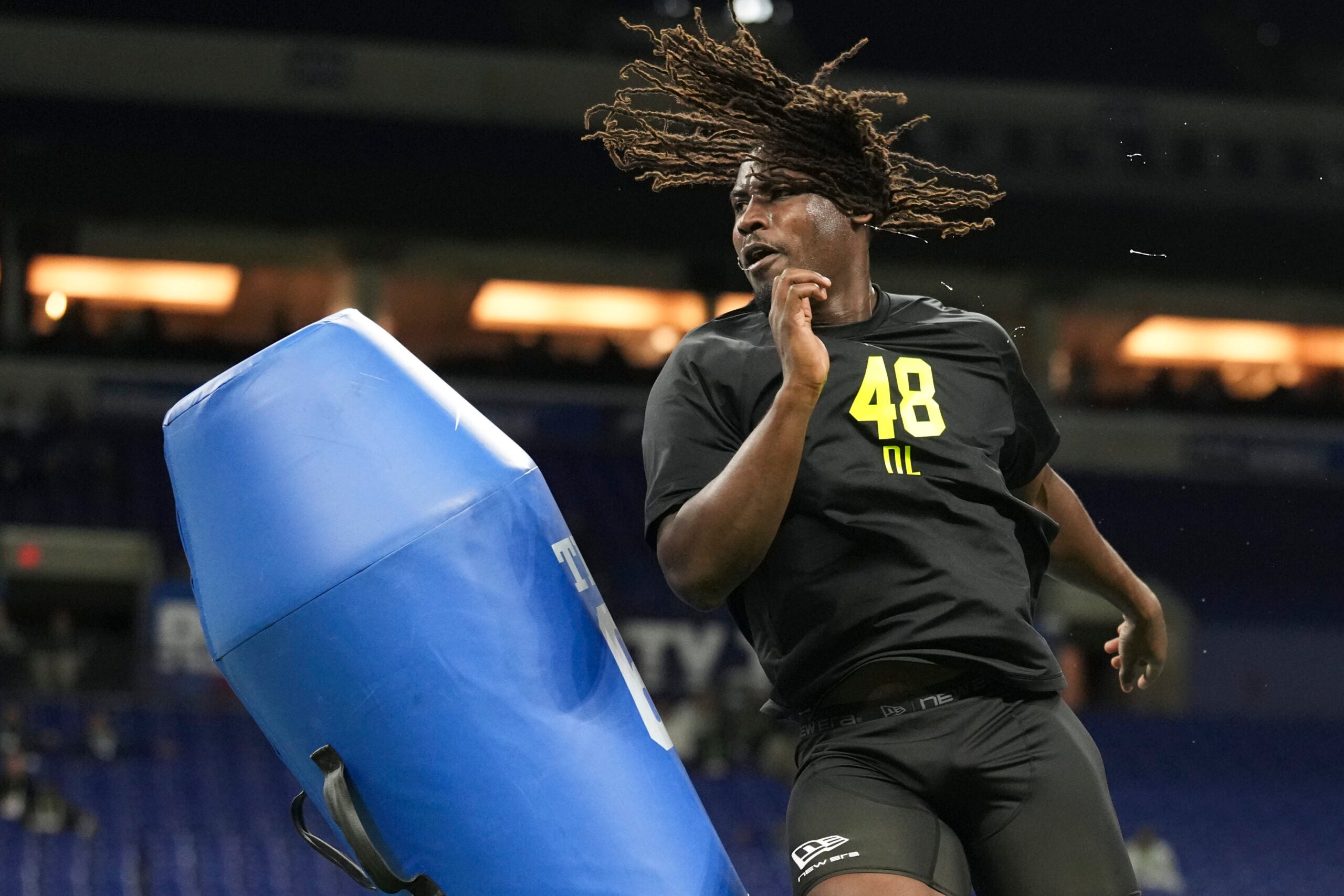 Feb 26, 2026; Indianapolis, IN, USA; UCF defensive lineman Malachi Lawrence (DL48) during the NFL Scouting Combine at Lucas Oil Stadium.