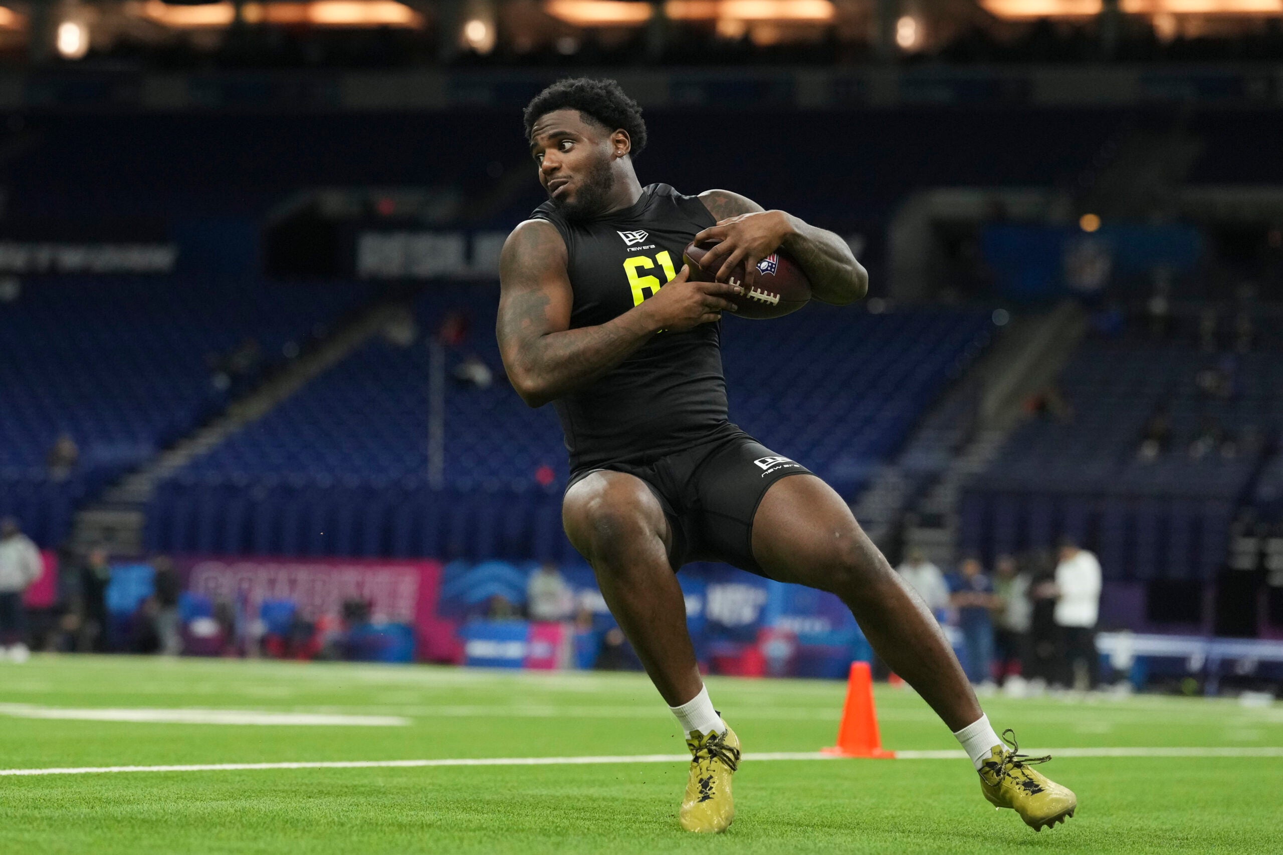 Feb 26, 2026; Indianapolis, IN, USA; Western Michigan defensive lineman Nadame Tucker (DL61) during the NFL Scouting Combine at Lucas Oil Stadium.