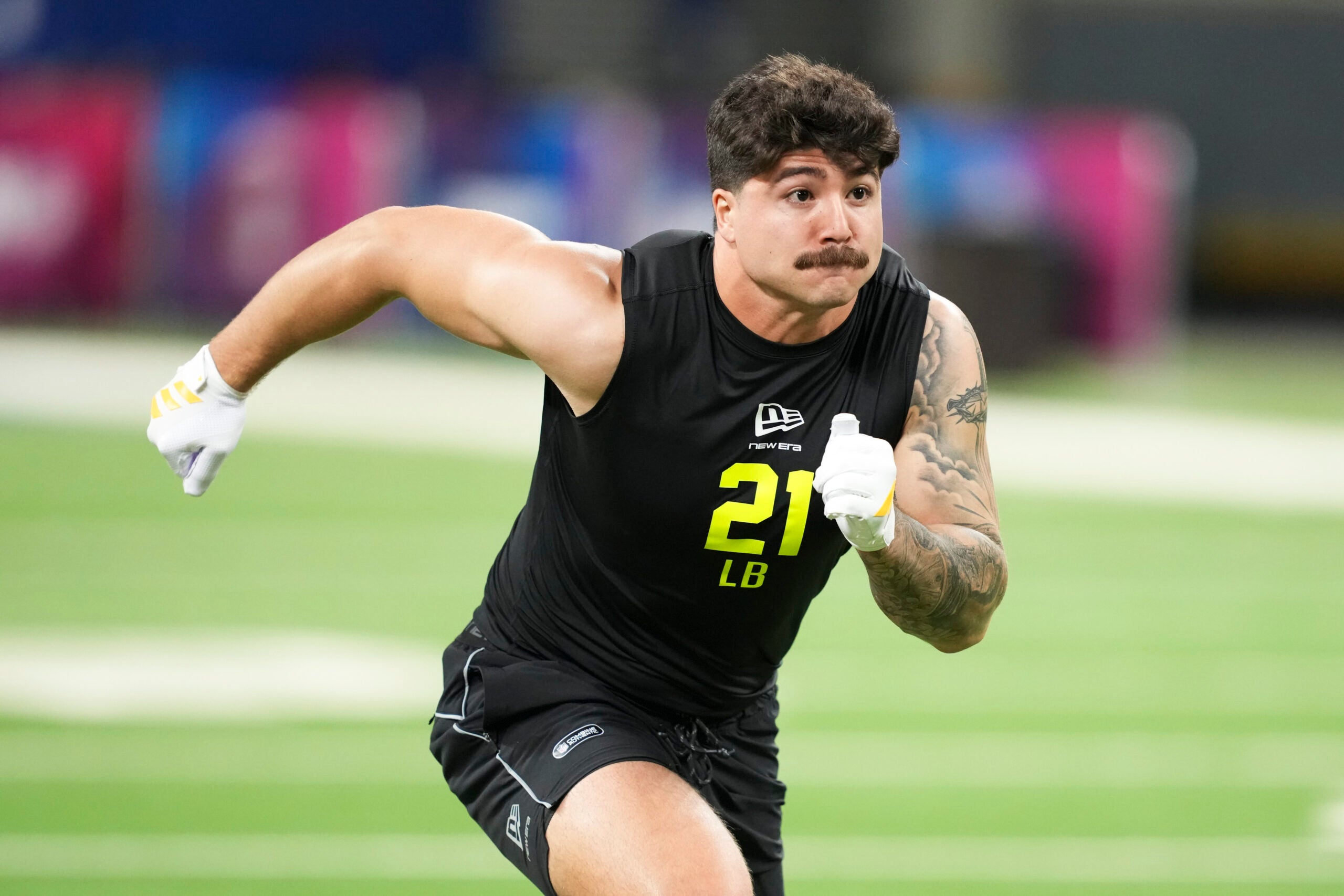Feb 26, 2026; Indianapolis, IN, USA; Texas Tech linebacker Jacob Rodriguez (LB21) during the NFL Scouting Combine at Lucas Oil Stadium.