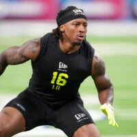Feb 26, 2026; Indianapolis, IN, USA; Pittsburgh linebacker Kyle Louis (LB16) during the NFL Scouting Combine at Lucas Oil Stadium.