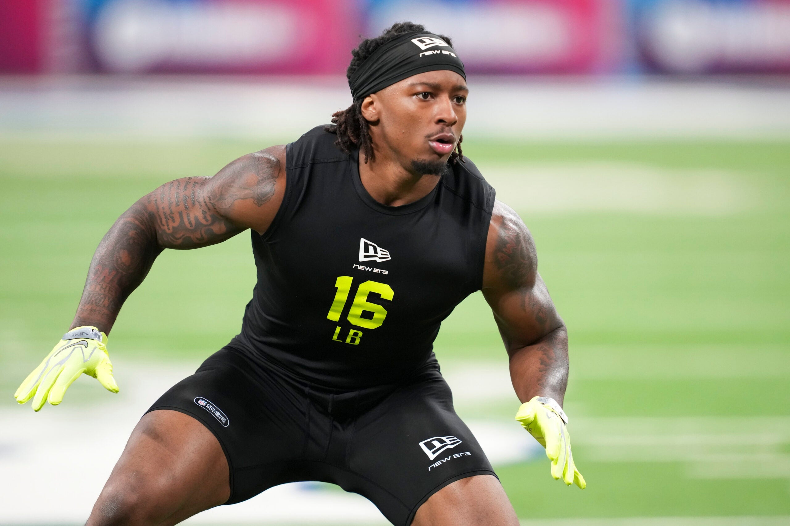Feb 26, 2026; Indianapolis, IN, USA; Pittsburgh linebacker Kyle Louis (LB16) during the NFL Scouting Combine at Lucas Oil Stadium.