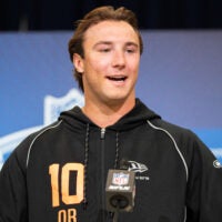 Feb 27, 2026; Indianapolis, IN, USA; Clemson quarterback Cade Klubnik (QB10) speaks to members of the media during the NFL Combine at the Indiana Convention Center.