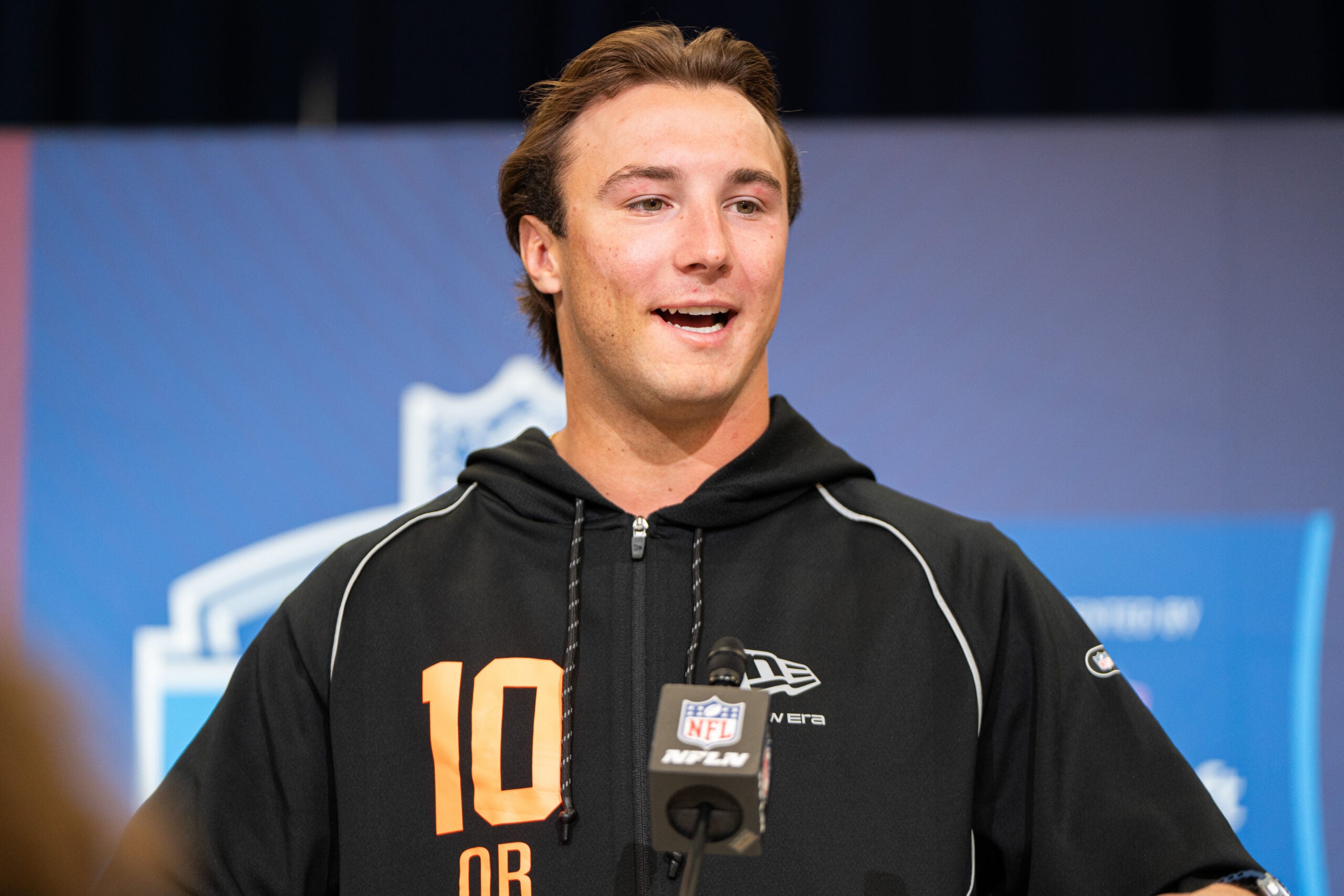 Feb 27, 2026; Indianapolis, IN, USA; Clemson quarterback Cade Klubnik (QB10) speaks to members of the media during the NFL Combine at the Indiana Convention Center.