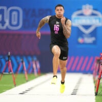 Feb 27, 2026; Indianapolis, IN, USA; Alabama defensive back Domani Jackson (DB16) during the NFL Scouting Combine at Lucas Oil Stadium.