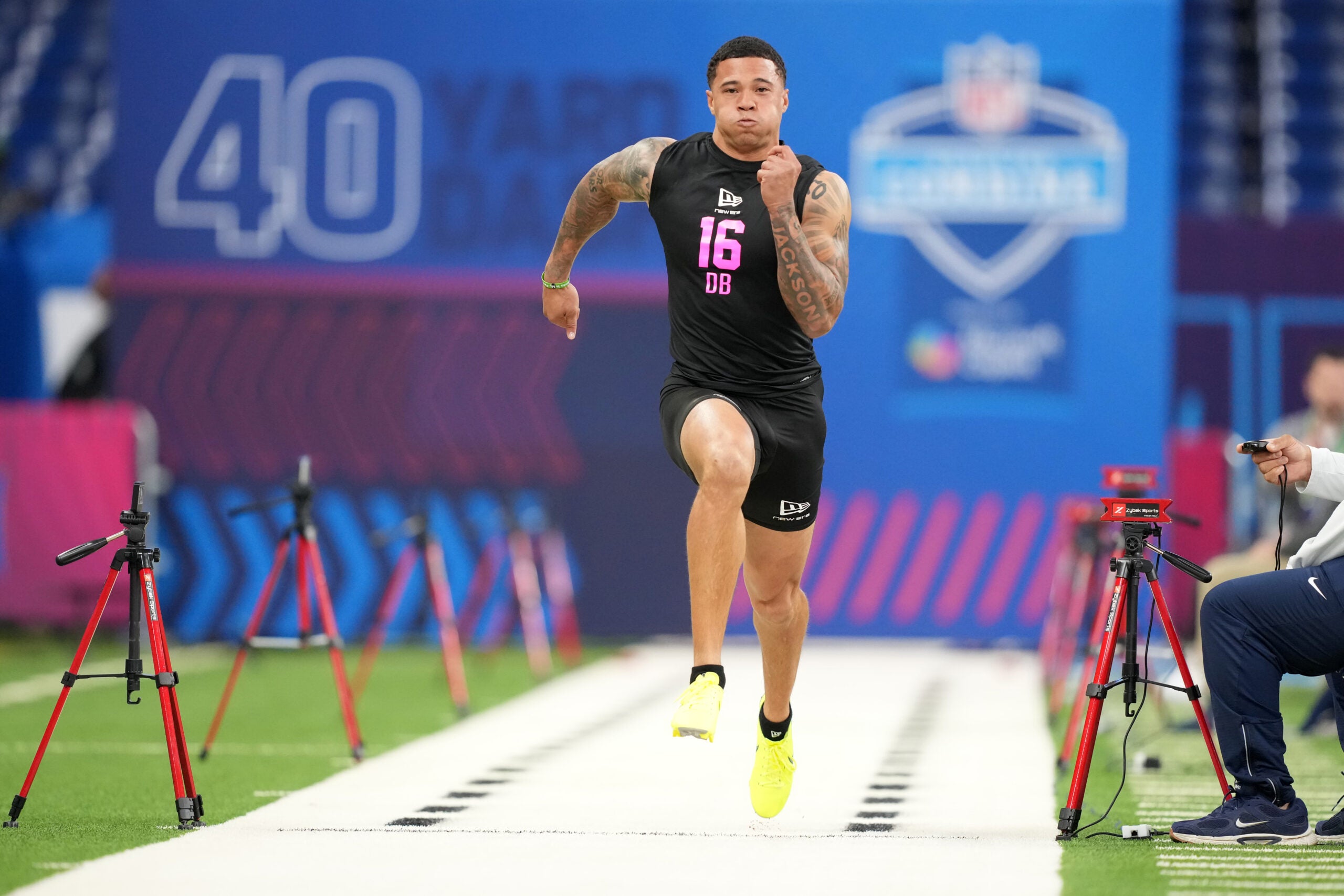 Feb 27, 2026; Indianapolis, IN, USA; Alabama defensive back Domani Jackson (DB16) during the NFL Scouting Combine at Lucas Oil Stadium.