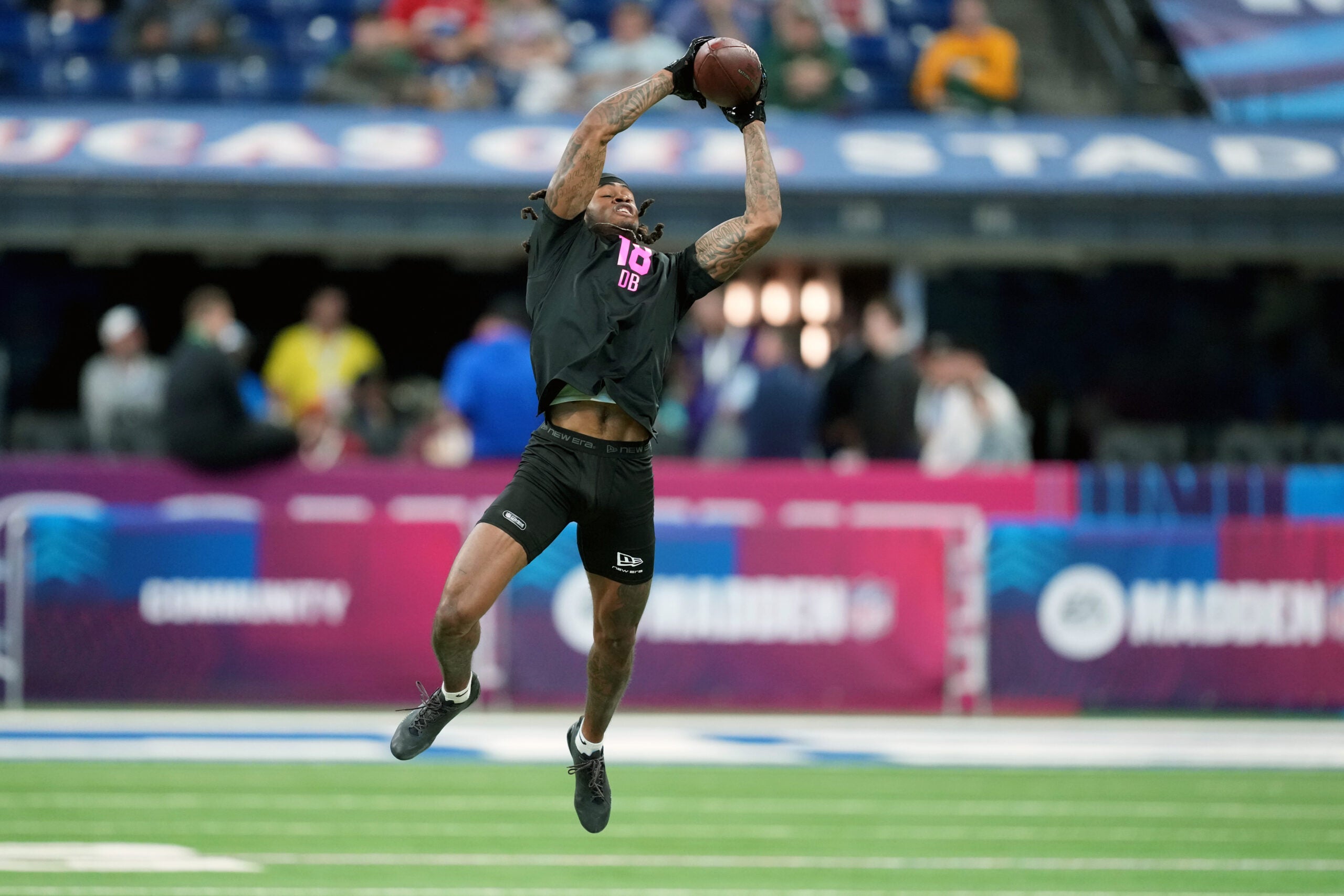 Feb 27, 2026; Indianapolis, IN, USA; Texas A&M defensive back Will Lee III (DB18) during the NFL Scouting Combine at Lucas Oil Stadium.